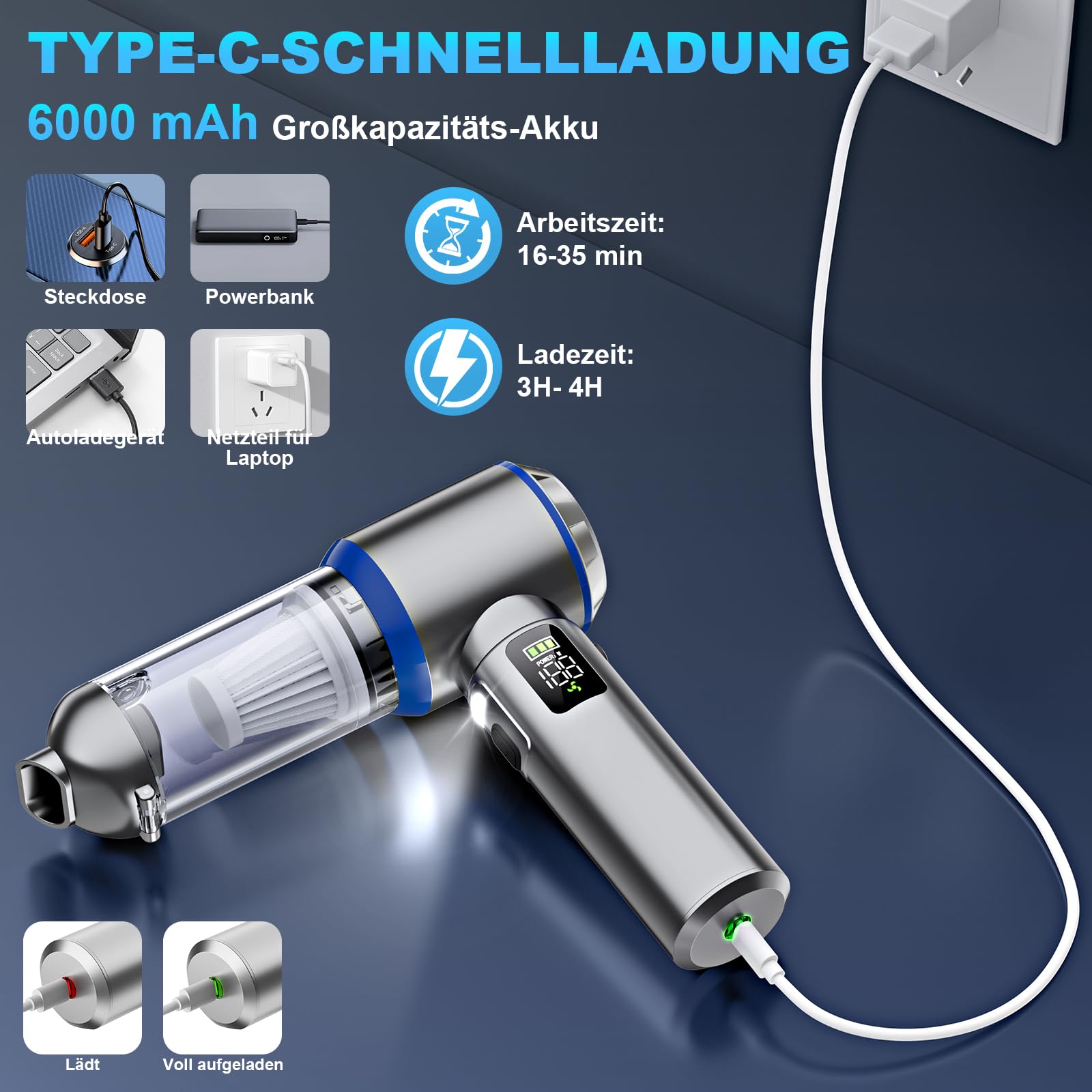 Handstaubsauger Akku, 4-in-1 Handstaubsauger, 32000PA Auto Staubsauger Stark, Handstaubsauger Auto, 3-Gang 300000 U/min Staubsauger, Bürstenlosem Motor, LCD Display Autostaubsauger, für Auto, Büro