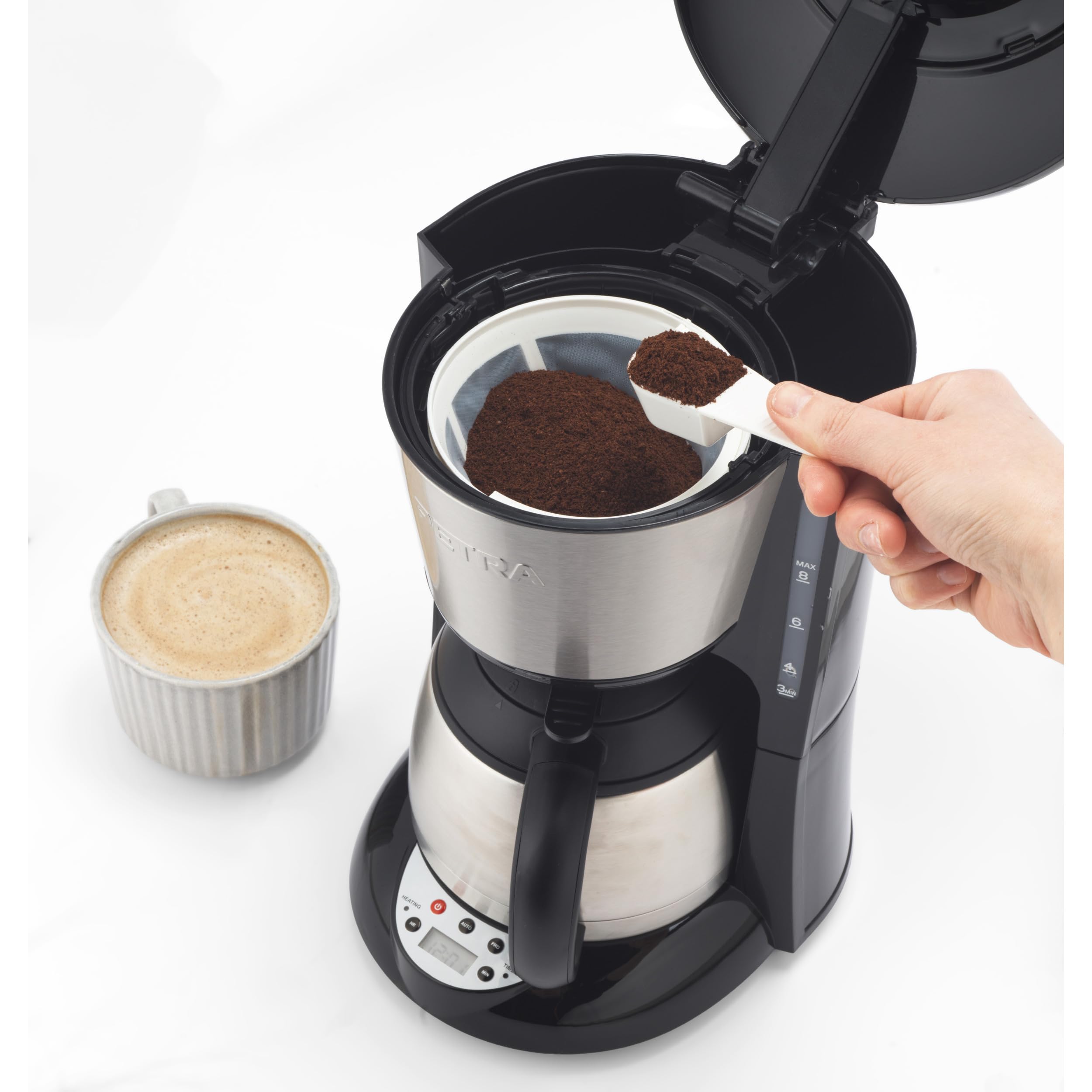 Petra Macchina da Caffe Filtro – 1L Macchina per Caffe Americano, Caraffa in Acciaio Inox, Display Digitale, Controllo della Forza del Caffe Compatibile con Caffè Macinato, 800W, PT6162VDE