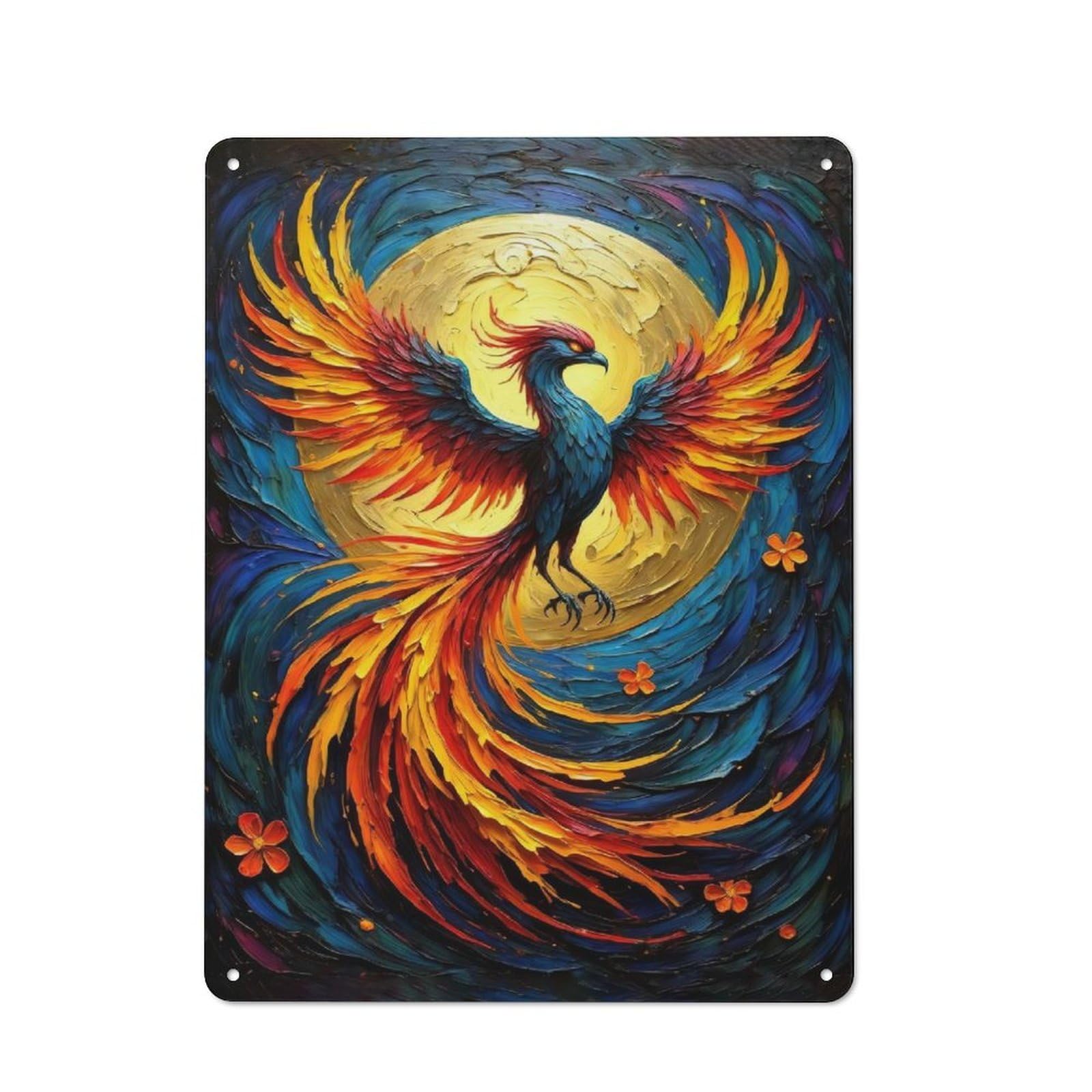 Junmoney Style-2 Character Decorative Tin Plaque 40X30cm Featuring Majestic Phoenix Rising Vibrant Impasto Oil Painting Of Fire And Rebirth, Home Wall Decor For Flat, Dorm Room, Lounge Or Cafe