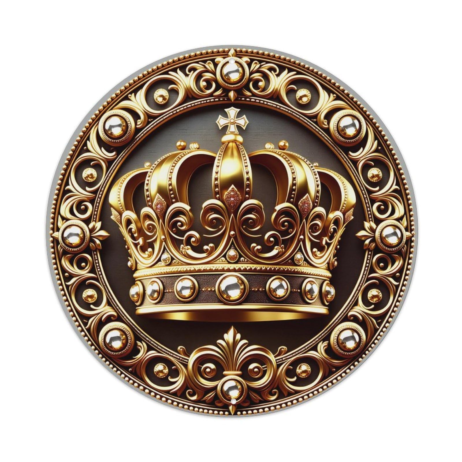 Golden Crown Ornate Circular Design Vintage Metal Tin Sign Retro Wall Decor for Home Bar Garage Cafe, Indoor & Outdoor Decorative，circle Metal Poster, 8x8 Inch