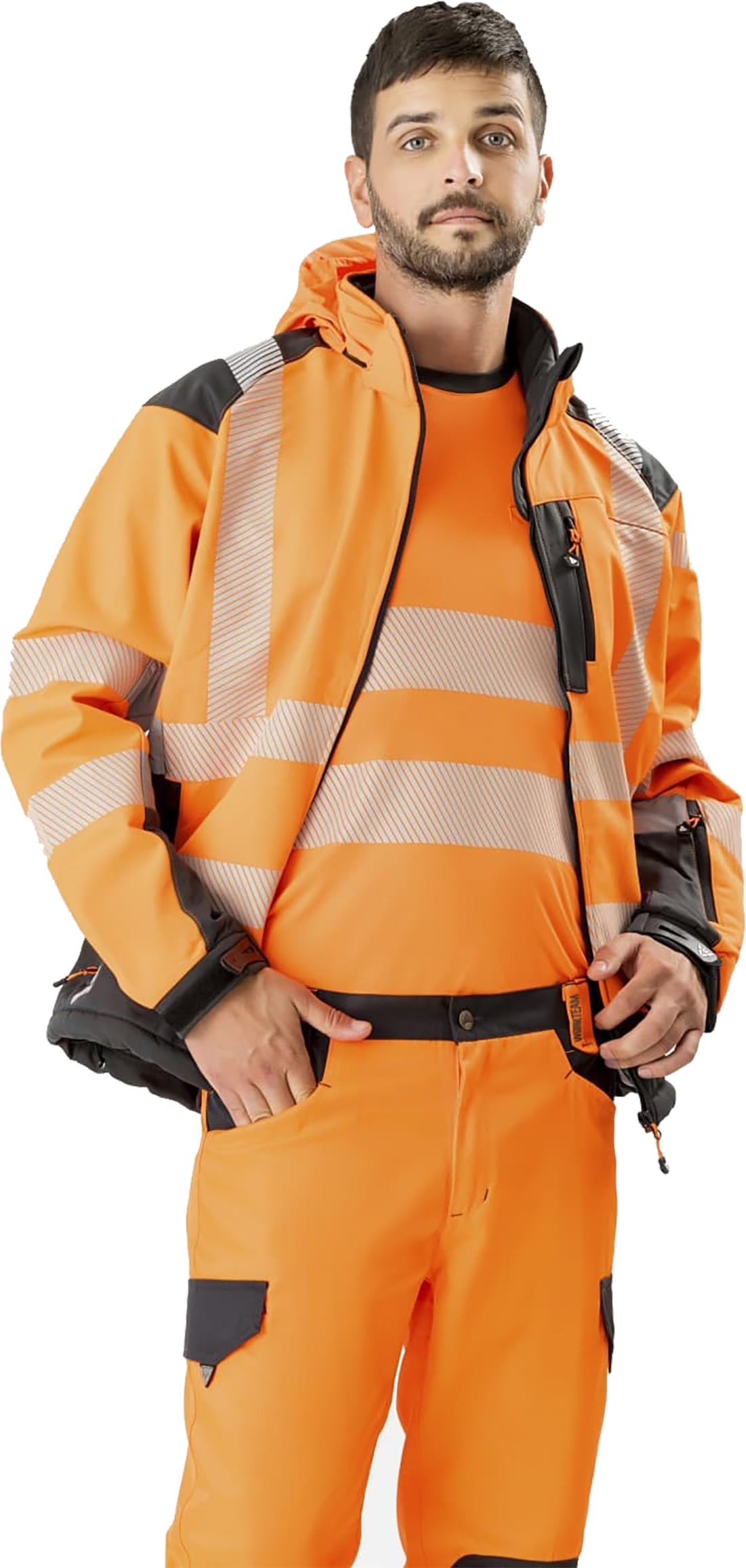 WORKTEAM Chaqueta Softshell de ALTA VISIBILIDAD, Cintas Reflectantes Discontinua, Capucha, Cortavientos, Repelente Agua, Membrana Transpirable y Alta Capacidad Térmica. Unisex