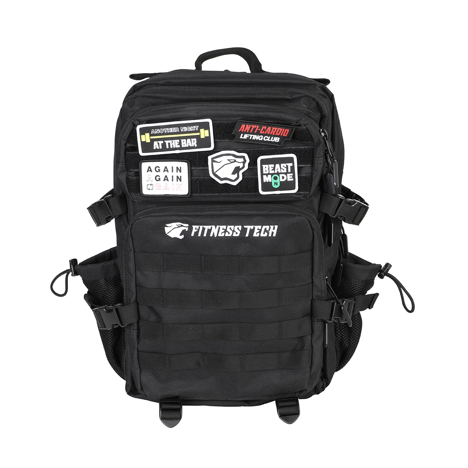 Fitness Tech Mochila 45L con porta botellas y 5 parches personalizables | Mochila deportiva táctica para gimnasio y uso diario | Negro, camuflaje o tierra (Negro)