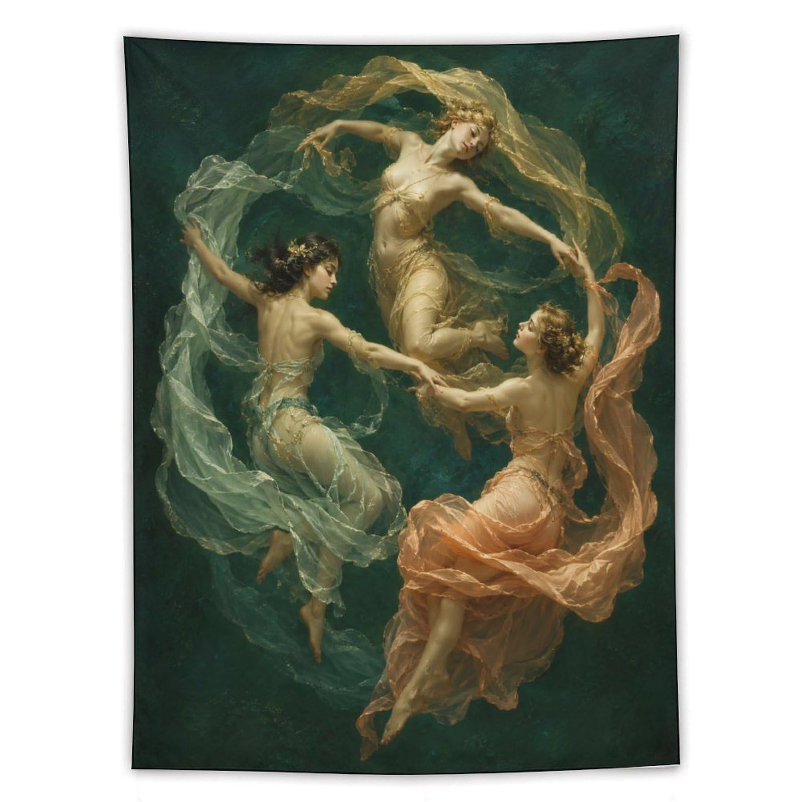 H3B8U2Y5 Three Nymphs Forest Dance Wall Tapestry, Green Mythic