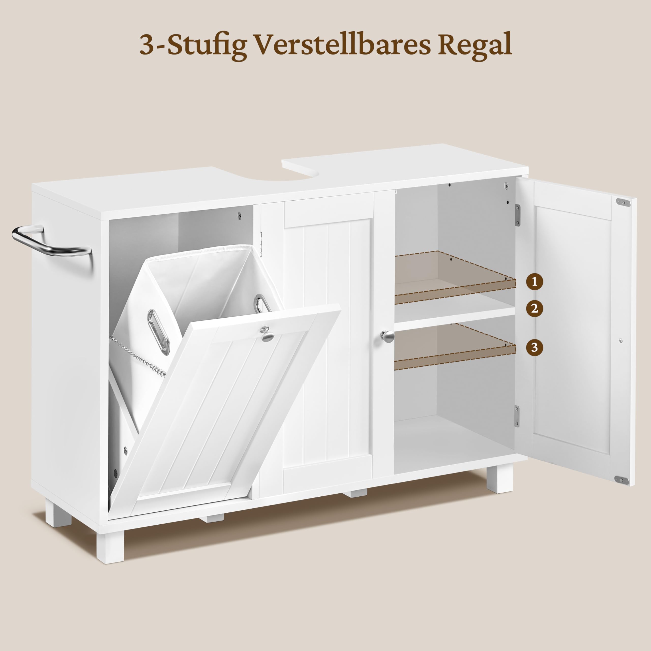 Yaheetech Mobile Sottolavabo a 3 Ante Mobile da Bagno con Portabiancheria Armadietto da Terra per Lavandino Mobiletto Bagno Salvaspazio con Ripiano Regolabile