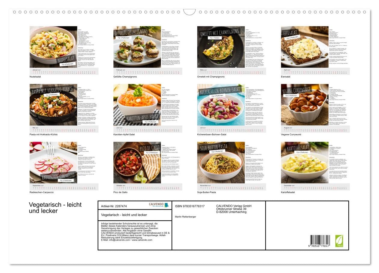 Vegetarisch - leicht und lecker (Wandkalender 2027 DIN A2 quer), CALVENDO Monatskalender: 12 leckere Bilder mit Rezepten wecken die Lust auf mehr (CALVENDO Lifestyle)