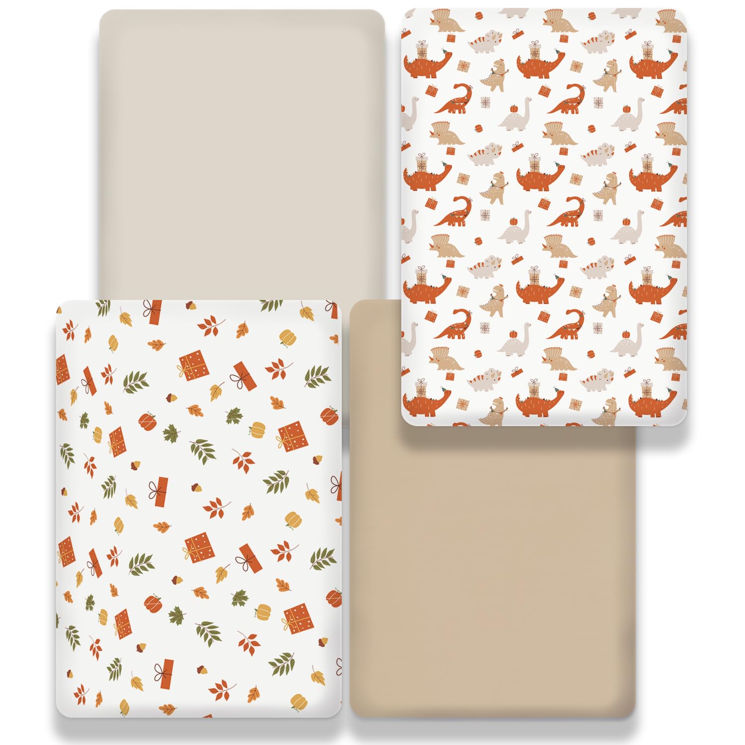 Bimocosy Sábanas para cuna, paquete de 4 sábanas para bebé, tamaño 38 x 26 pulgadas, para colchón de corralito, mini cuna portátil, sábanas suaves para bebé, dinosaurio/hojas/caqui/marfil