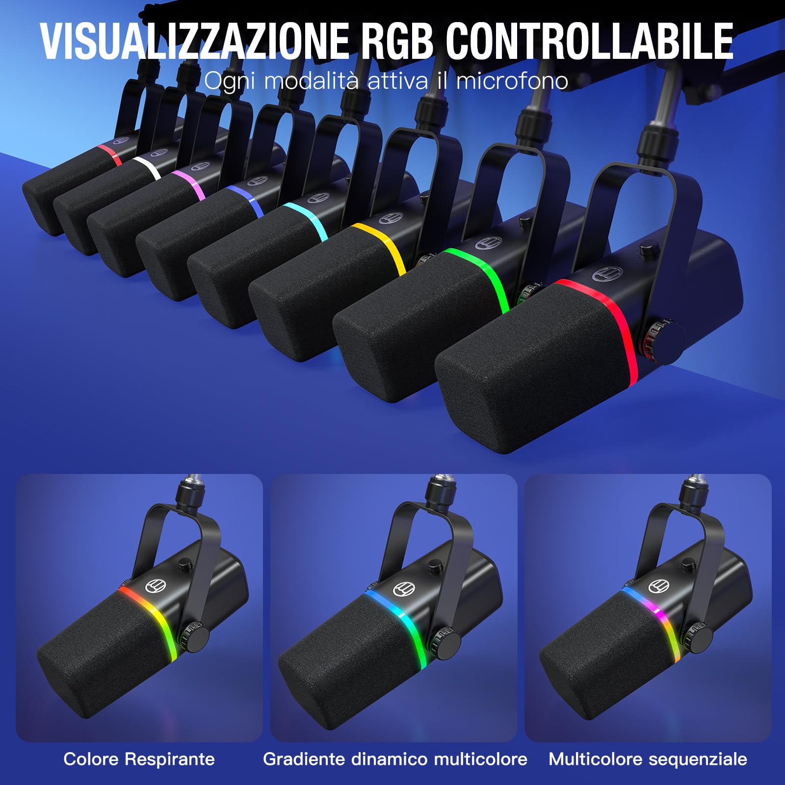 ZealSound Microfono dinamico XLR/USB, microfono per *Phone, Set di microfoni per Telefono PC, microfono con luce RGB, mute, jack per cuffie, supporto con braccio, ASMR/YouTube/Podcast/Streaming/Gaming