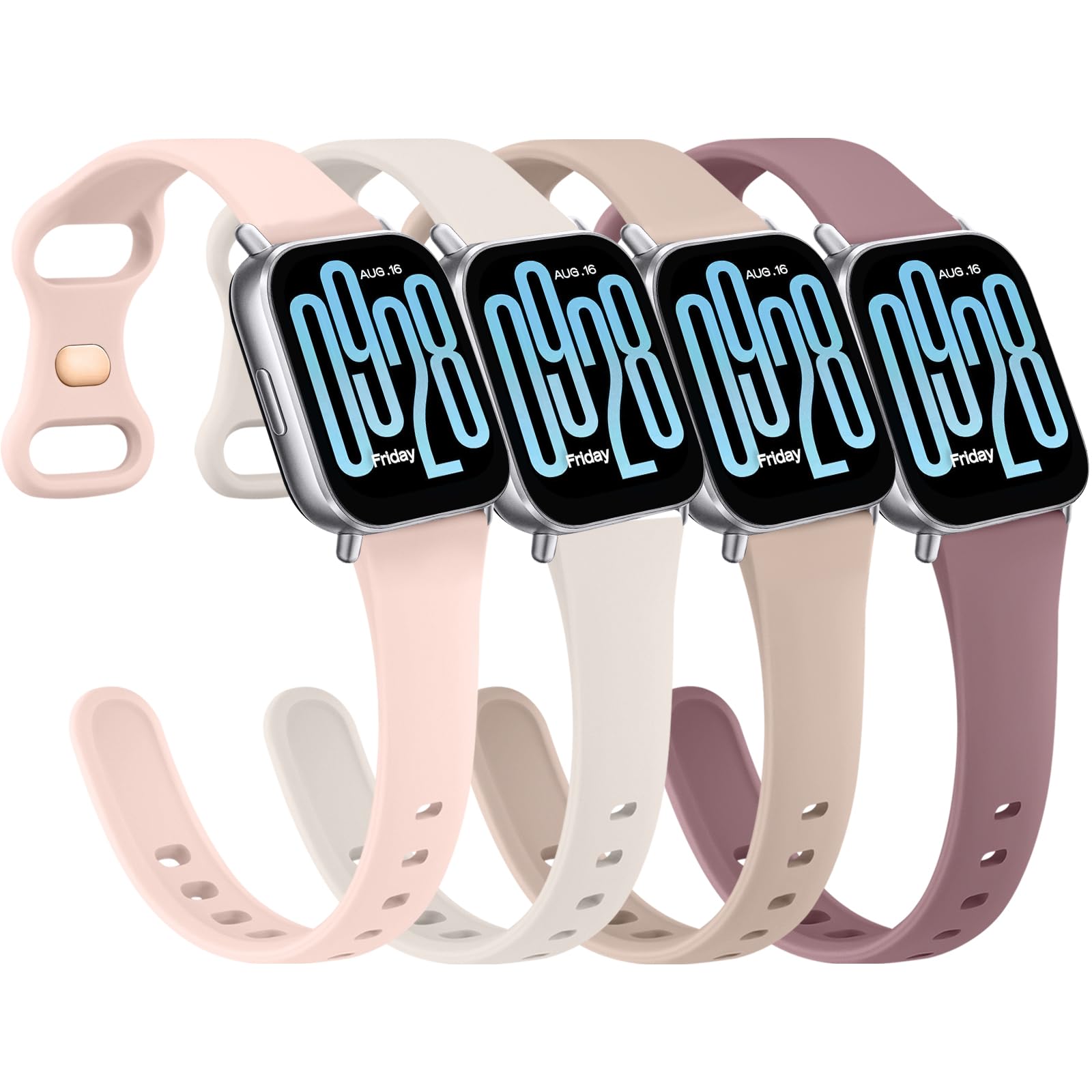 Oumida 4 Piezes Correas Compatible con Xiaomi Redmi Watch 5 Active/Redmi Watch 5 Lite, Pulseras de Repuesto Fina de Silicona Suave Impermeable (Rosa/Humo Violeta/Té de Leche/Luz de Estrellas)