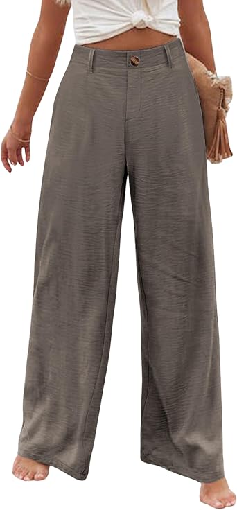 Hooever Womens Summer Cotton Linen Pants Casual Button Up High Waisted Wide Leg Trousers8-DarkCoffee-XL