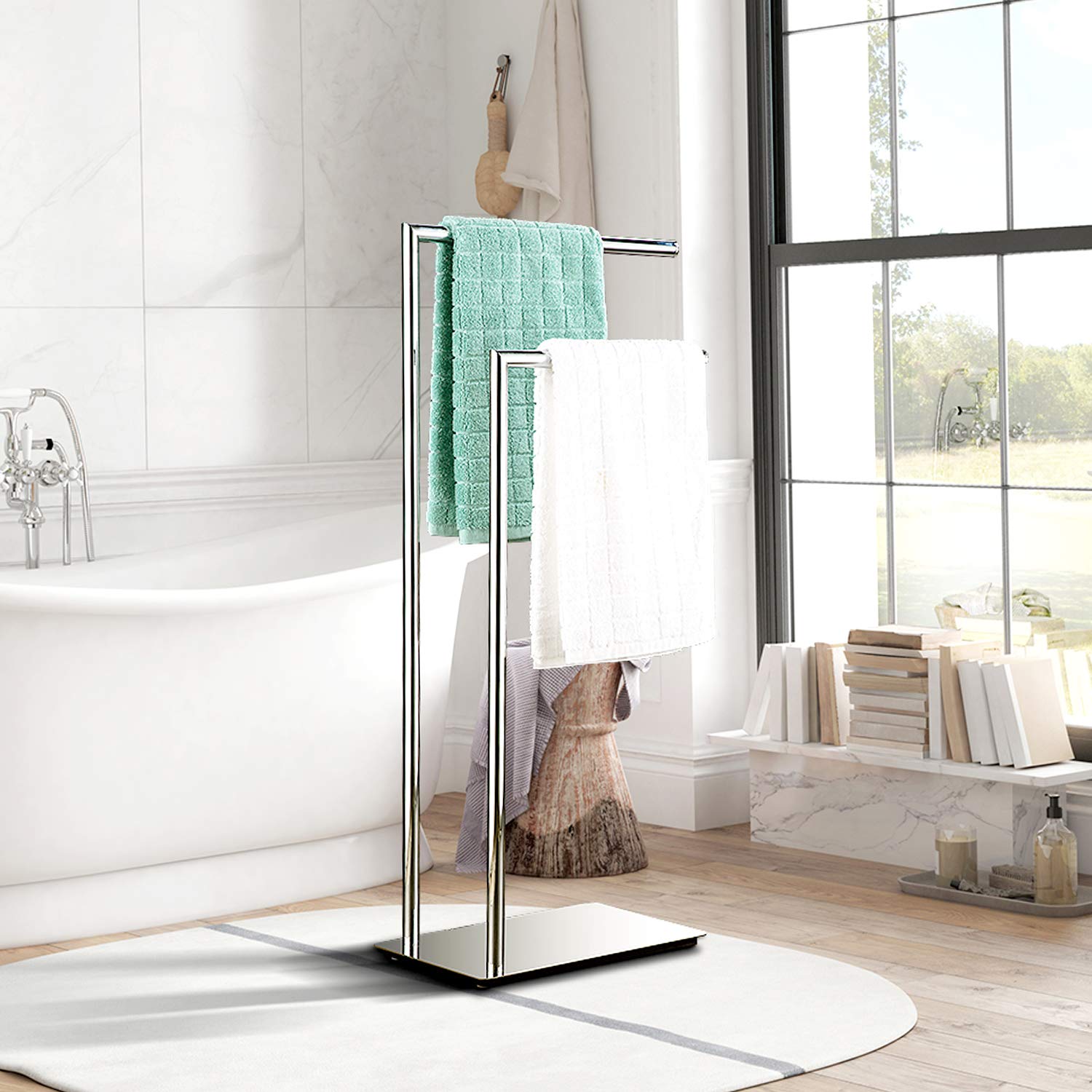 Freistehende Doppel-Handtuchhalter Badaccessoires Handtuchhalter Stand auf Boden Messing Chrom
