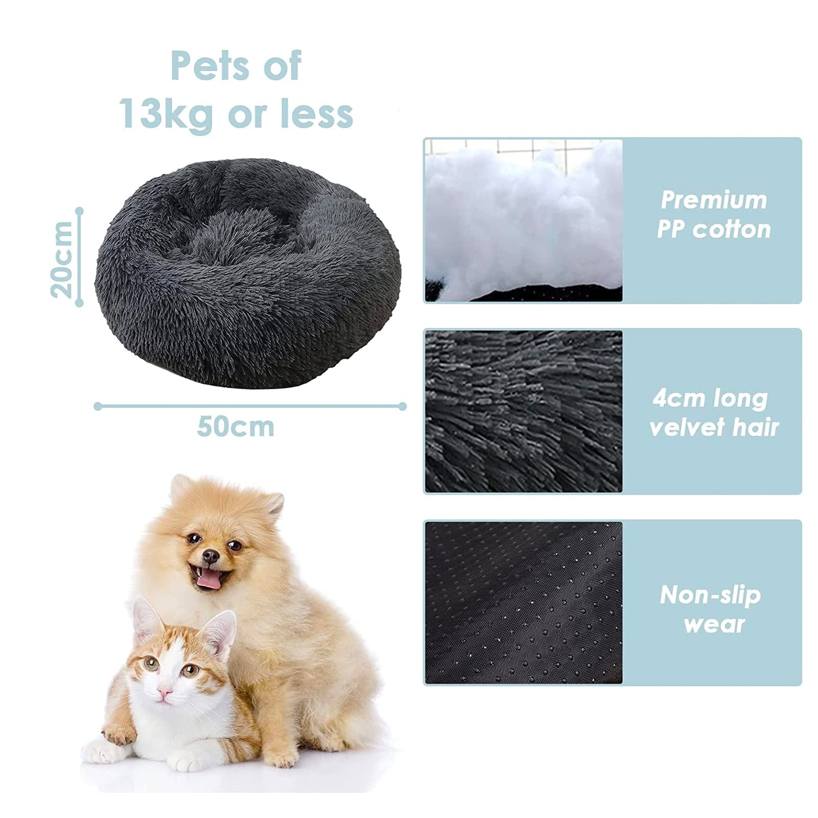 jiuzcare 50cm Calming Pet Bed for Small Dogs & Cats, Ultra-Soft 4cm Long Plush Donut Dog Bed - Image 2
