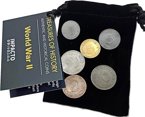 WW2 World Currency - 6 monedas nazis emitidas desde 193645 - Recuerdos del Tercer Reich WW2 - Colección de bolsas de terciopelo Axis