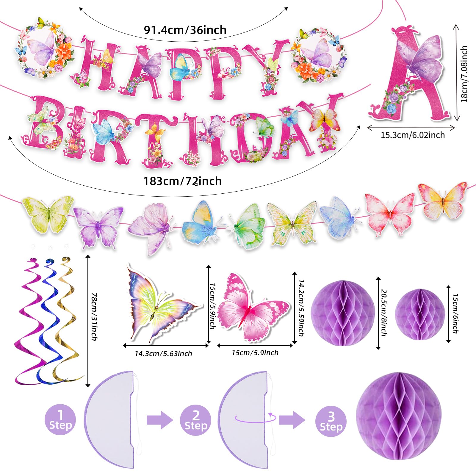 Pink Butterfly Birthday Party Decorations Kit - Banner, Streamers, Honeycomb Balls & Garland