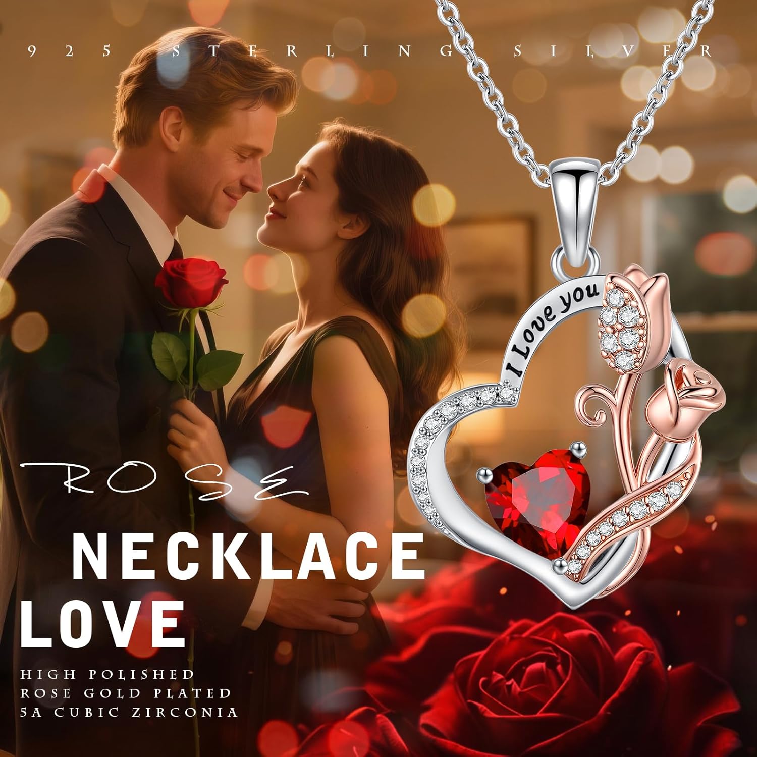 Rose Heart Necklace for Women 14K Rose Gold/White Gold Filled I Love You Pendant Anniversary Birthday Christmas Valentine's Day Jewelry Gifts for Women Her Wife Daughter, Birthstone Jewelry with 18+2 Inch Chain - Image 7