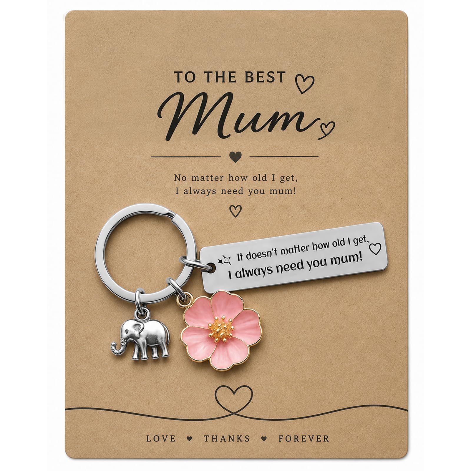 Virelle Mum Keyring Gift Elephant Flower Design Stainless Steel Birthday Gifts for Mom Mothers Day Presents for Mummy No Matter How Old I Get I Always Need You Mum