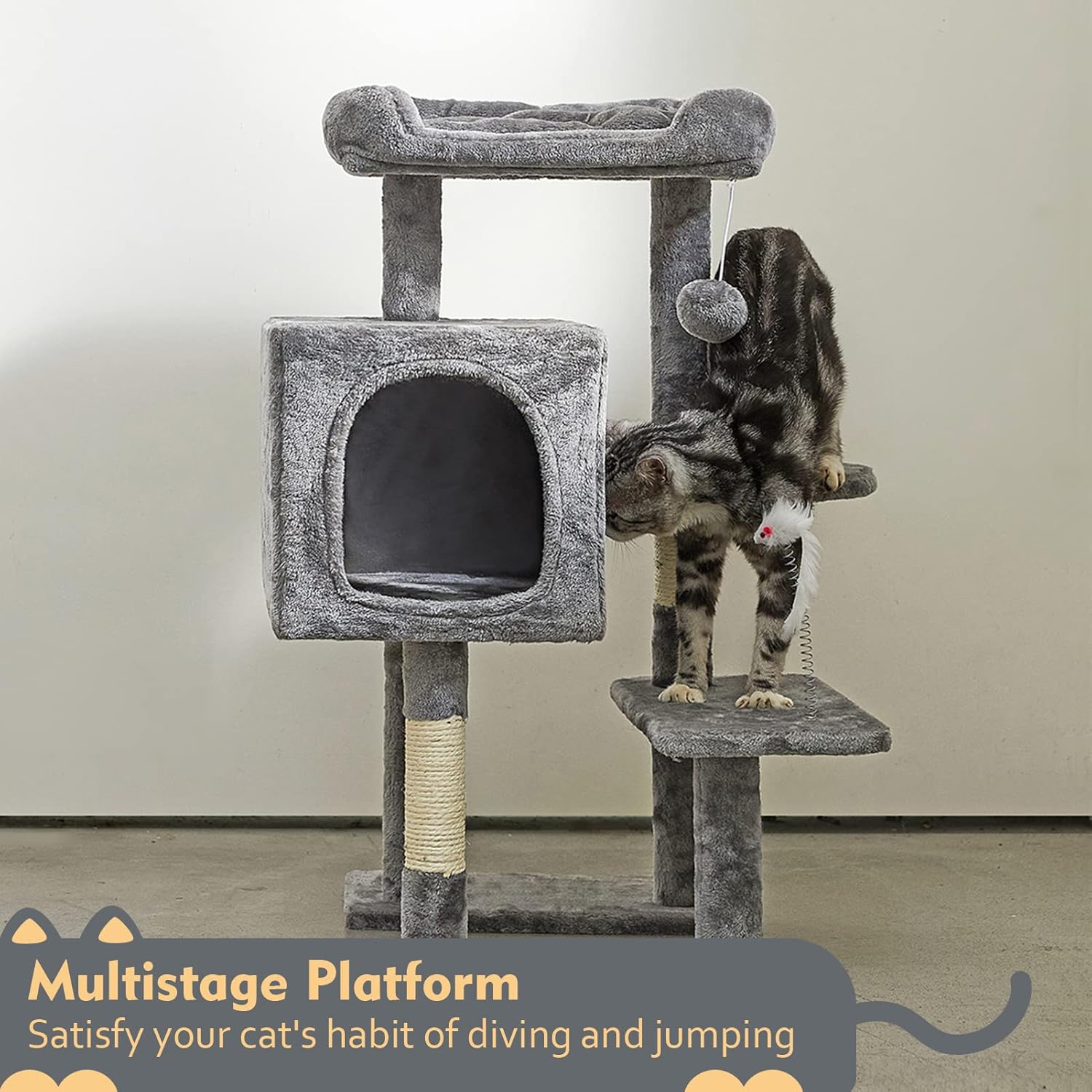 SUPERJARE Cat Tree with Toy Mouse, 32.5 inch Kitty Activity Center with Scratching Posts, Indoor Cat Tower with Condo and Platform - Gray : Pet Supplies