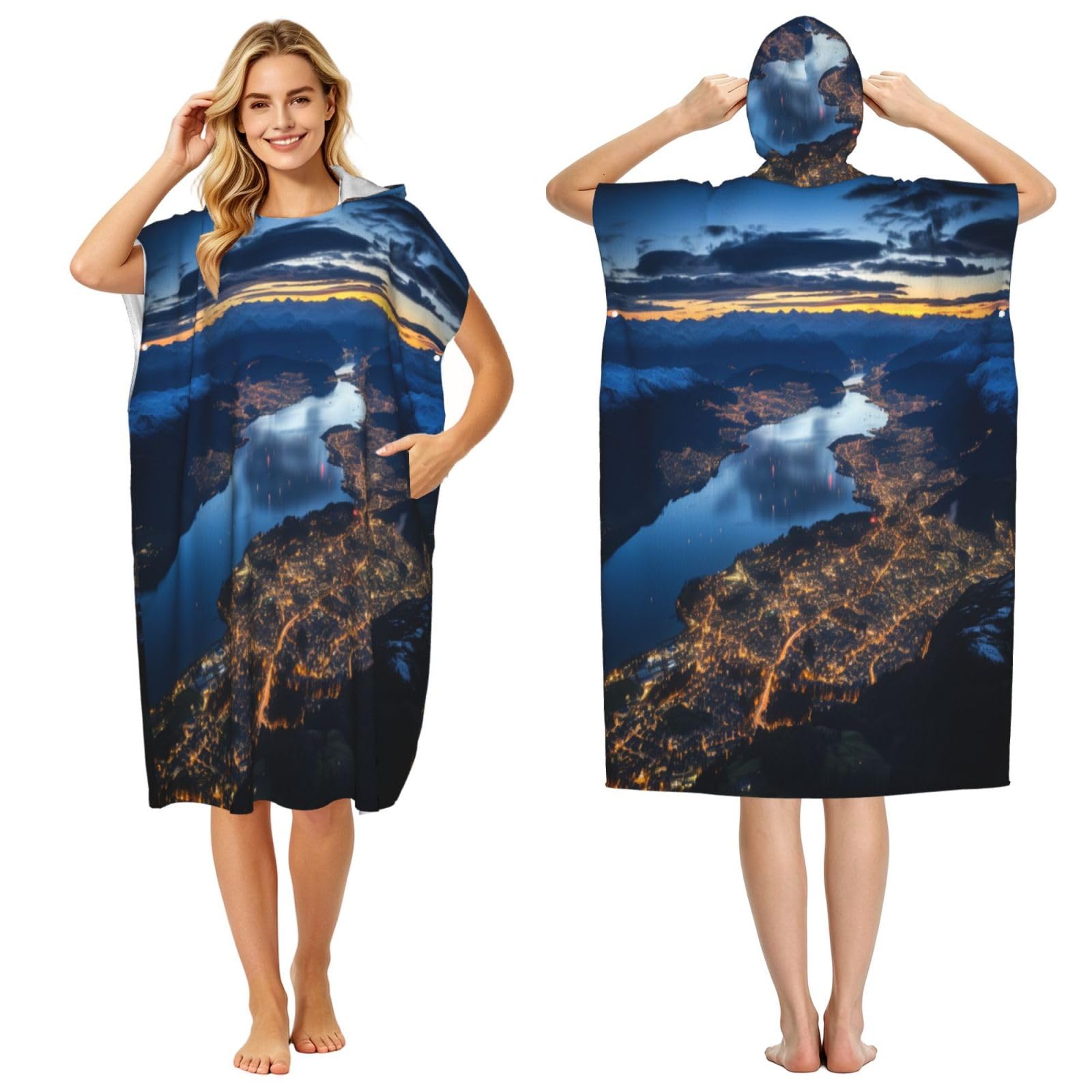 KLGRTJHK City At Night Adult Hooded Beach Poncho Towel 43"X35"
