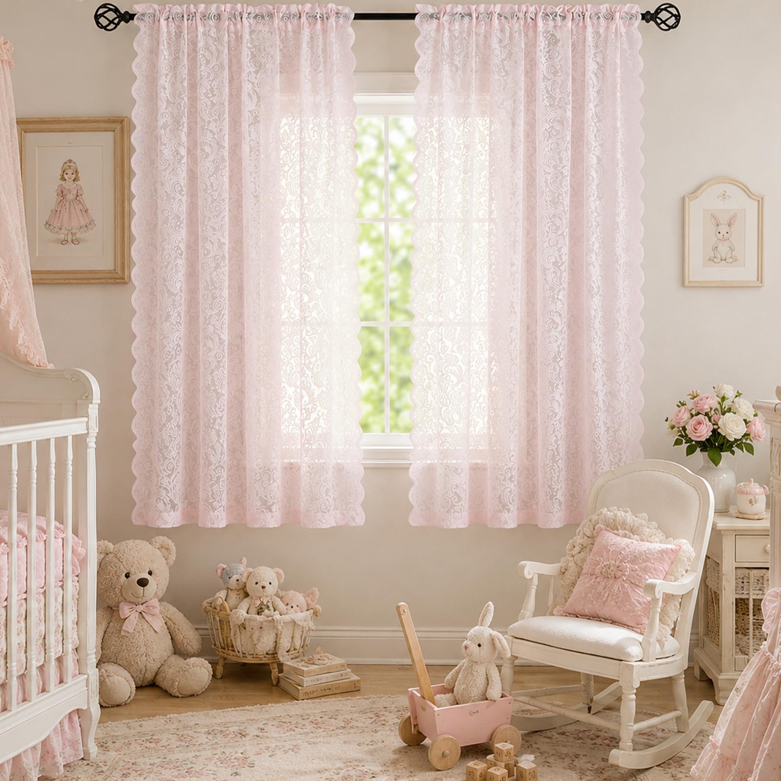 ALIGOGO Tende rosa per camera da letto delle ragazze, lunghezza 160 cm, 2 pannelli, eleganti tende a coquette in pizzo floreale per soggiorno, tende rosa per bagno, casa, ufficio, decorazione estetica