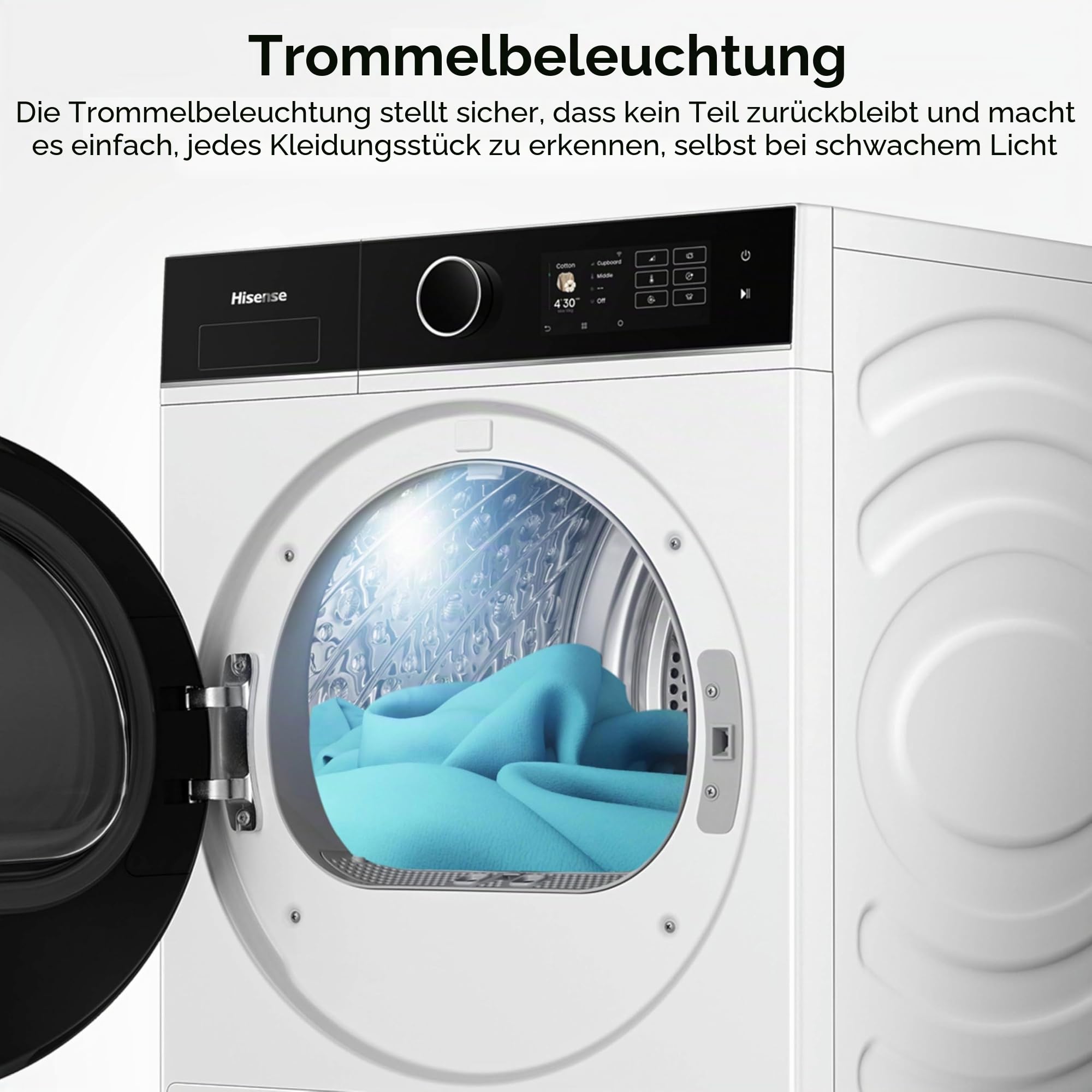 Hisense DH5I104BWAB Wäschetrockner, Wärmepumpe, Kapazität 10 kg, Klasse A, Innenbeleuchtung, Glastür, Breite 59,5 cm, Höhe 84,5 cm, Tiefe 64 cm, Weiß