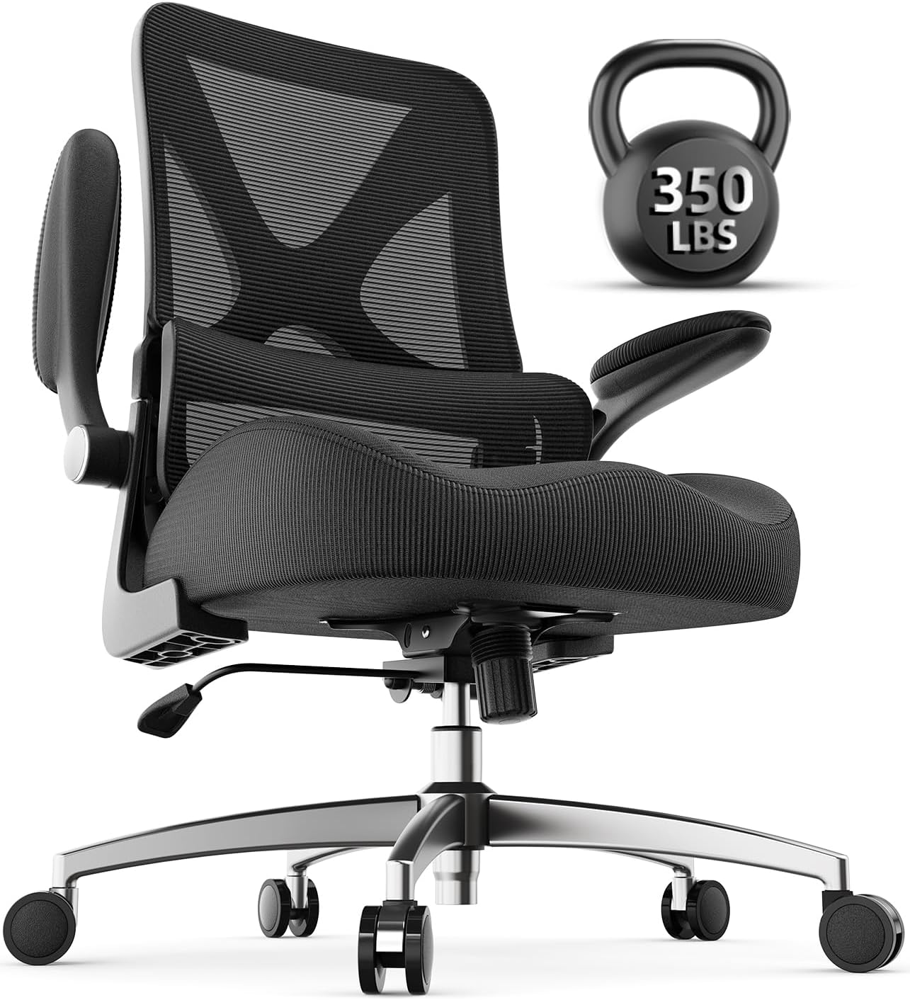 Ergonomic Office Chair Mid Back with Integrated Lumbar Support, Adjustable Height, Thick Memory Foam Seat, Rocking Function, 90° Flip-up Armrests – Comfortable Desk Chair for Home Office