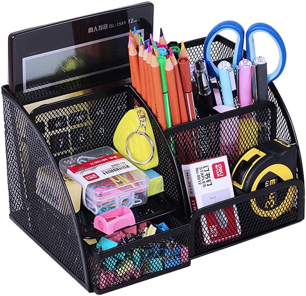 Mesh Multi-Functional Stationery Storage Organizer Office Stationery Case Stationary Caddy Metal Desk Organizer Pencil Pen Holder 5 Compartments Black