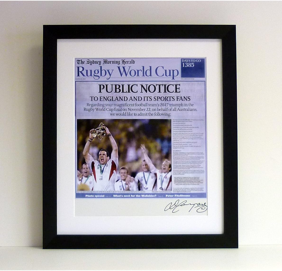 Sydney Morning Herald World Cup Apology - Signed & framed