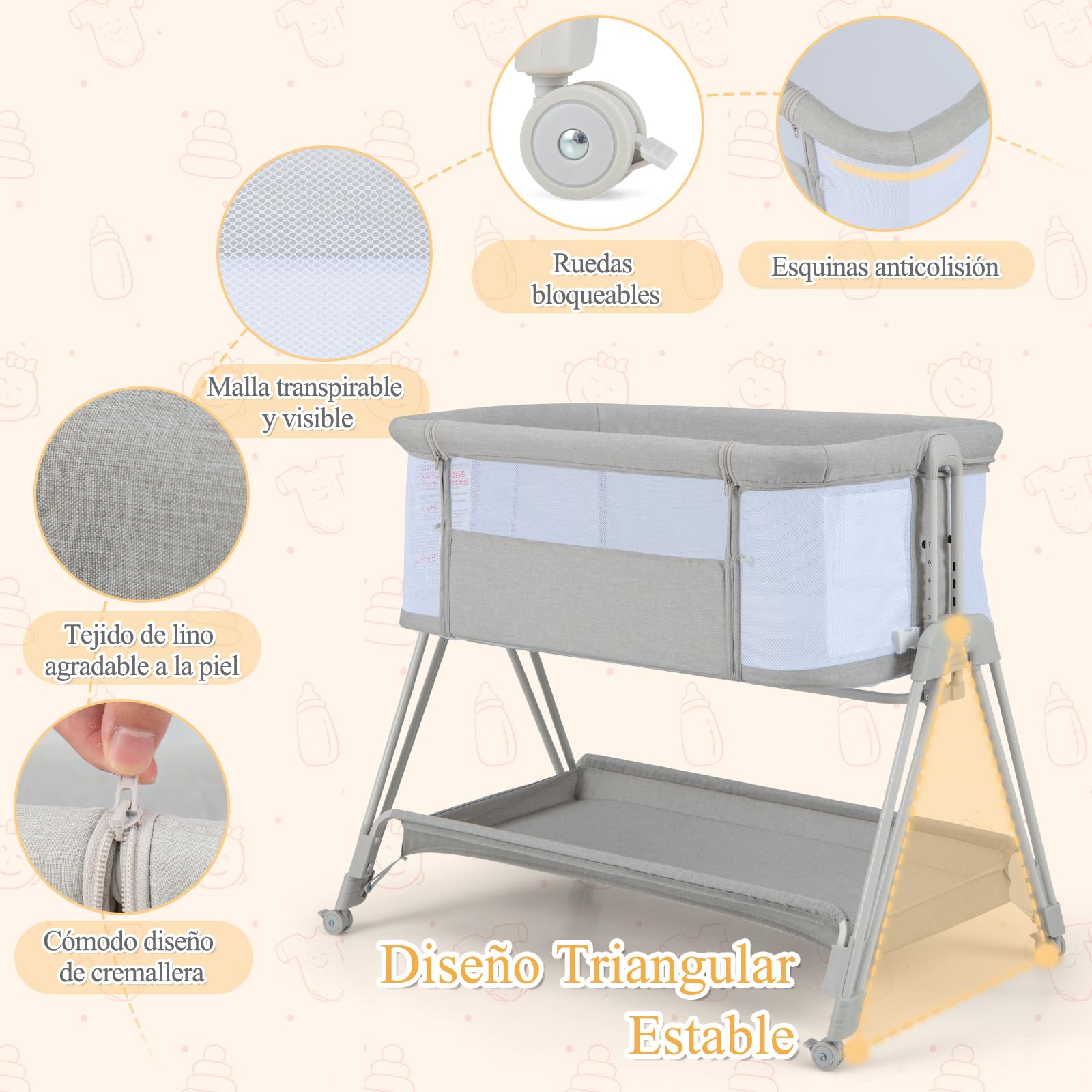 GOPLUS Cuna Cama de Bebé con Inclinación y 7 Alturas Ajustables, Cuna Plegable con Ventana de Malla y Estante de Almacenaje, Ruedas con Freno, 0-6 Meses (Gris Claro)