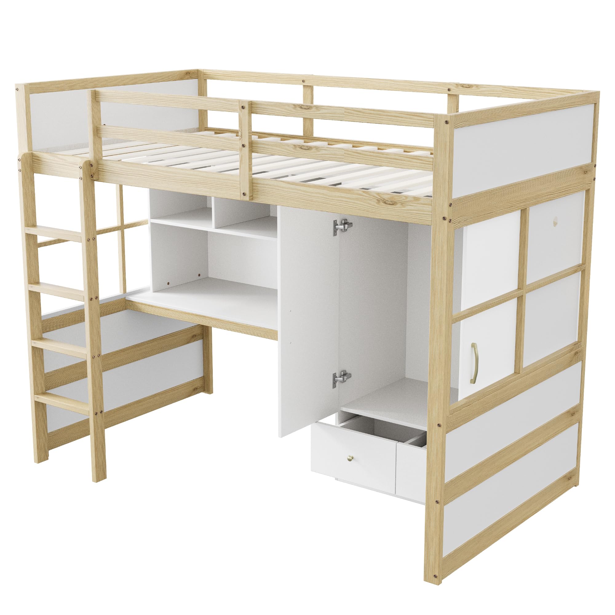 Cama alta 90x200 con escritorio y armario - Moimhear Cama infantil y juvenil que ahorra espacio, color madera, escalera, almacenamiento y 2 cajones