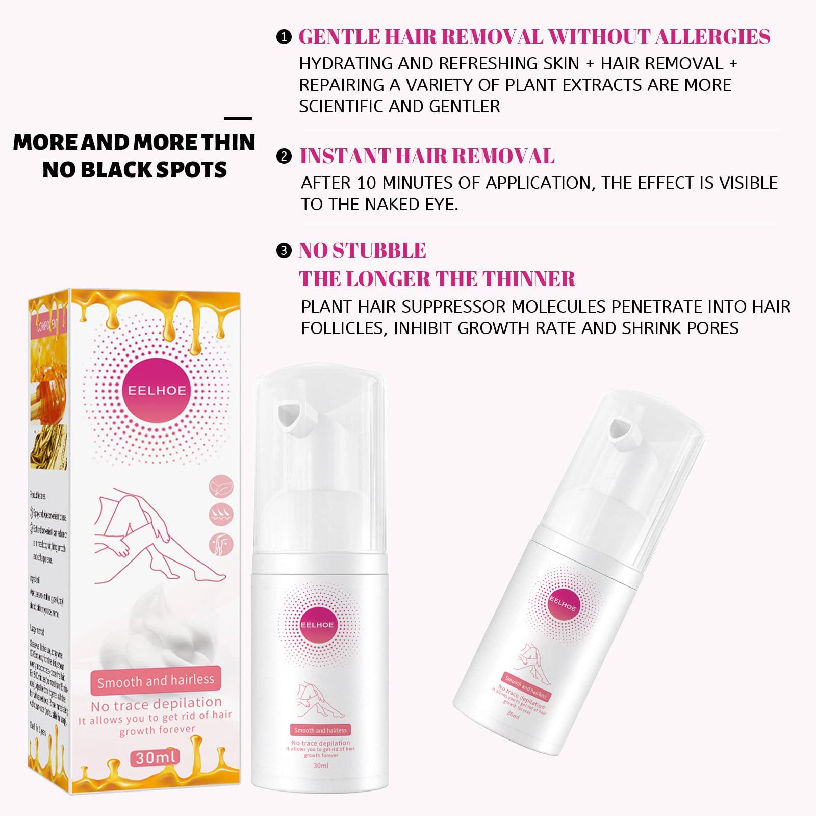Softee™ Mousse d'épilation à la cire d'abeille 100 ml Mousse d'épilation à la cire d'abeille Brume de mousse pour homme et femme Brume naturelle permanente douce d'épilation