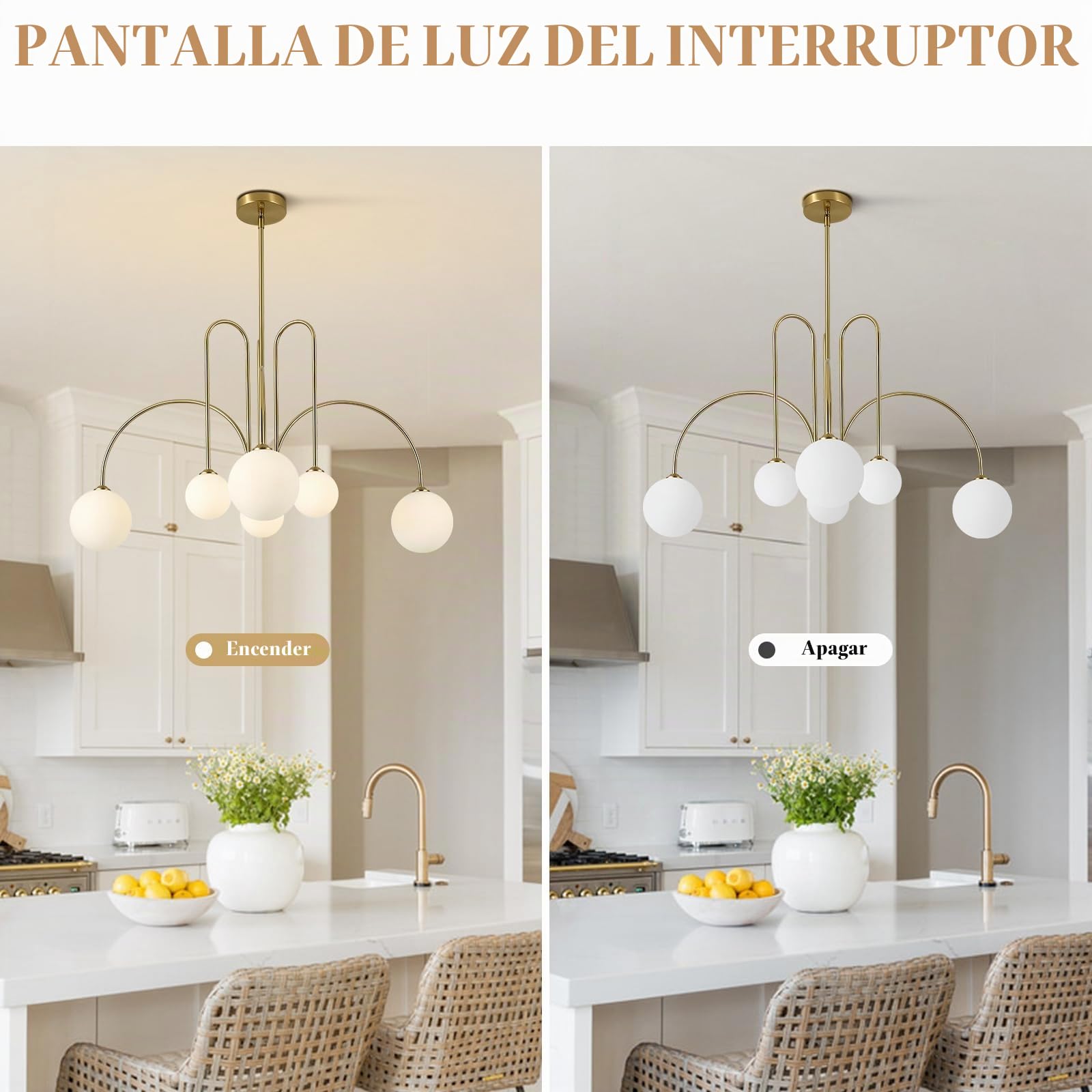 KCO Lighting Lámpara de Techo Sputnik con Esferas de 6 Luces para Salón, Dorada con Esferas de Cristal, Diseño Moderno para Comedor, Dormitorio, Recibidor y Cocina