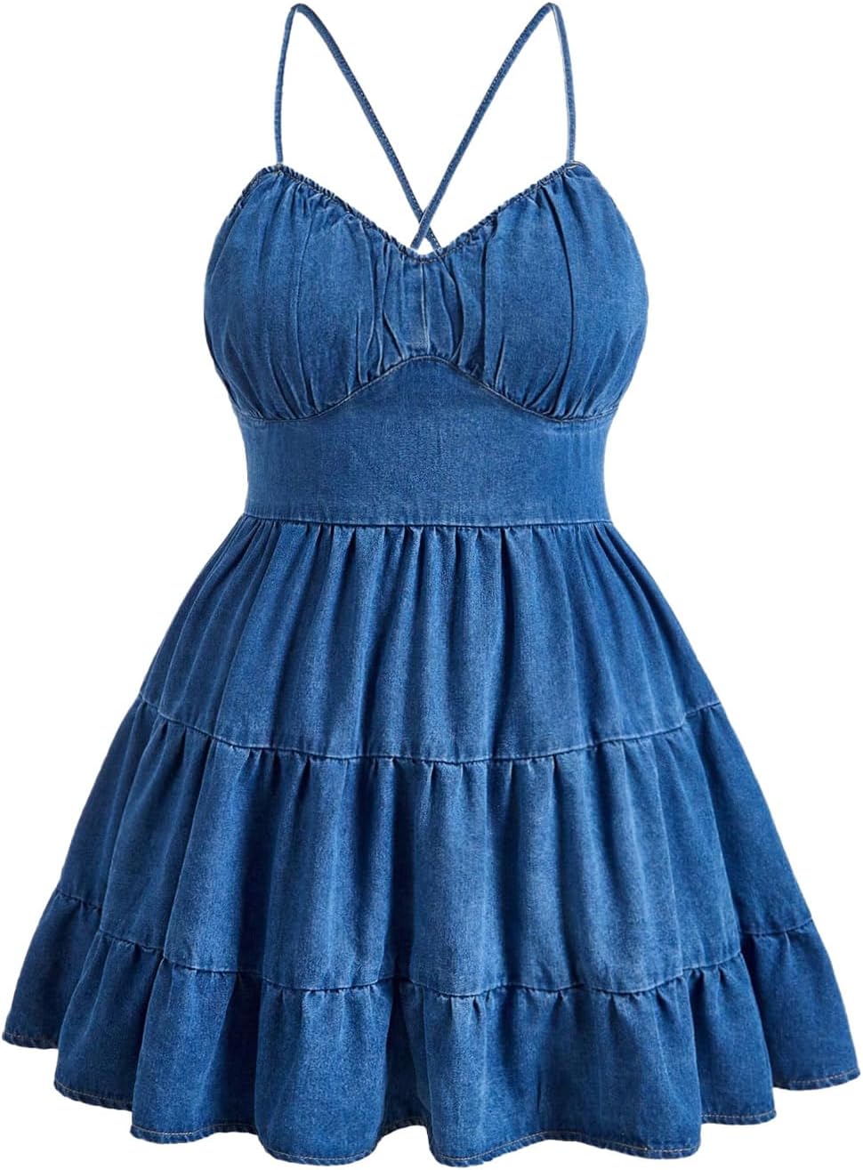 SweatyRocks Women's Plus Size Denim Dress Sleeveless Lace Up Backless Flared Ruffle Jean Dress