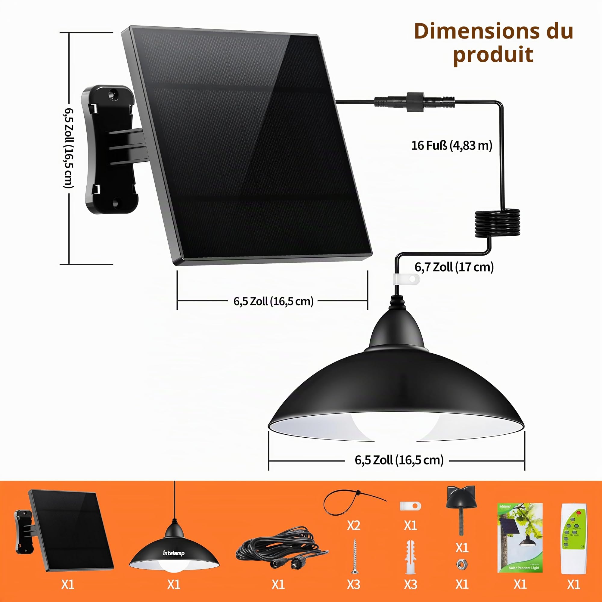 INTELAMP Lampes solaires à suspendre pour l'extérieur et l'intérieur - Lampe solaire LED avec télécommande - Étanche - Pour tentes, pavillons, entrepôts, poulaillers avec câble de 5 m