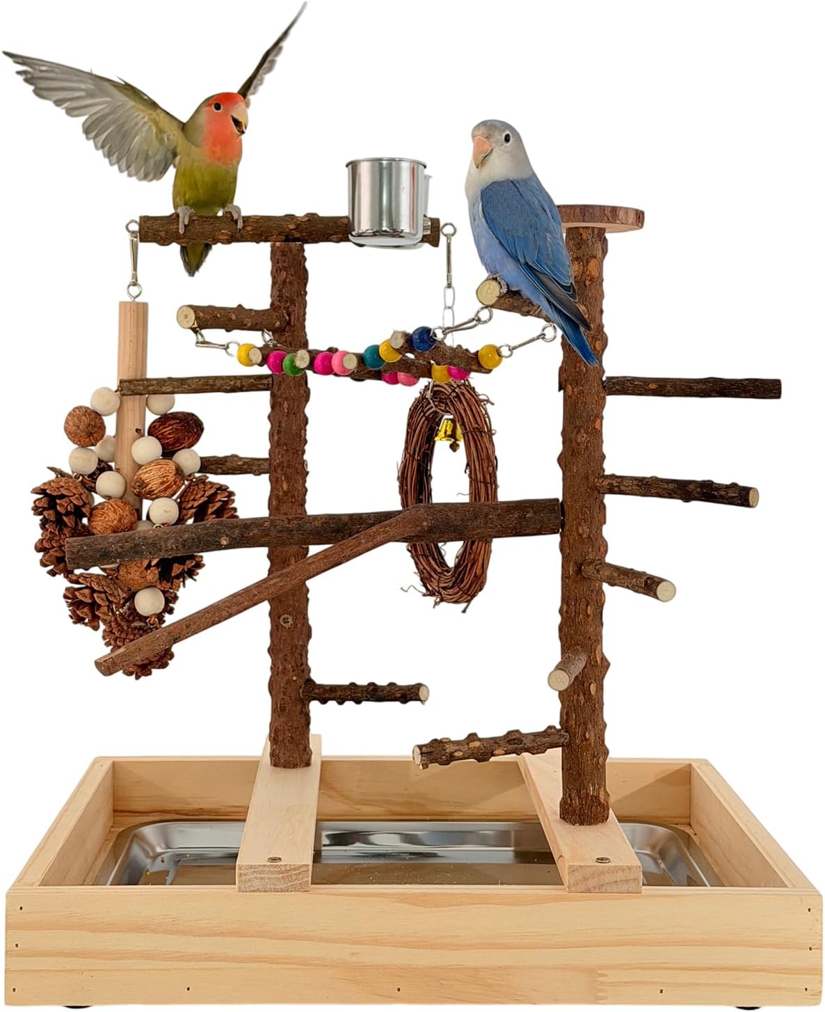 Bird Playground, Natural Wood Bird Play Stand with Stand Perch, Swing, Toy, Two Food Cups, and Removable Tray, Suitable for Lovebirds, Cockatiels, Budgies, Parakeets, and Other Birds