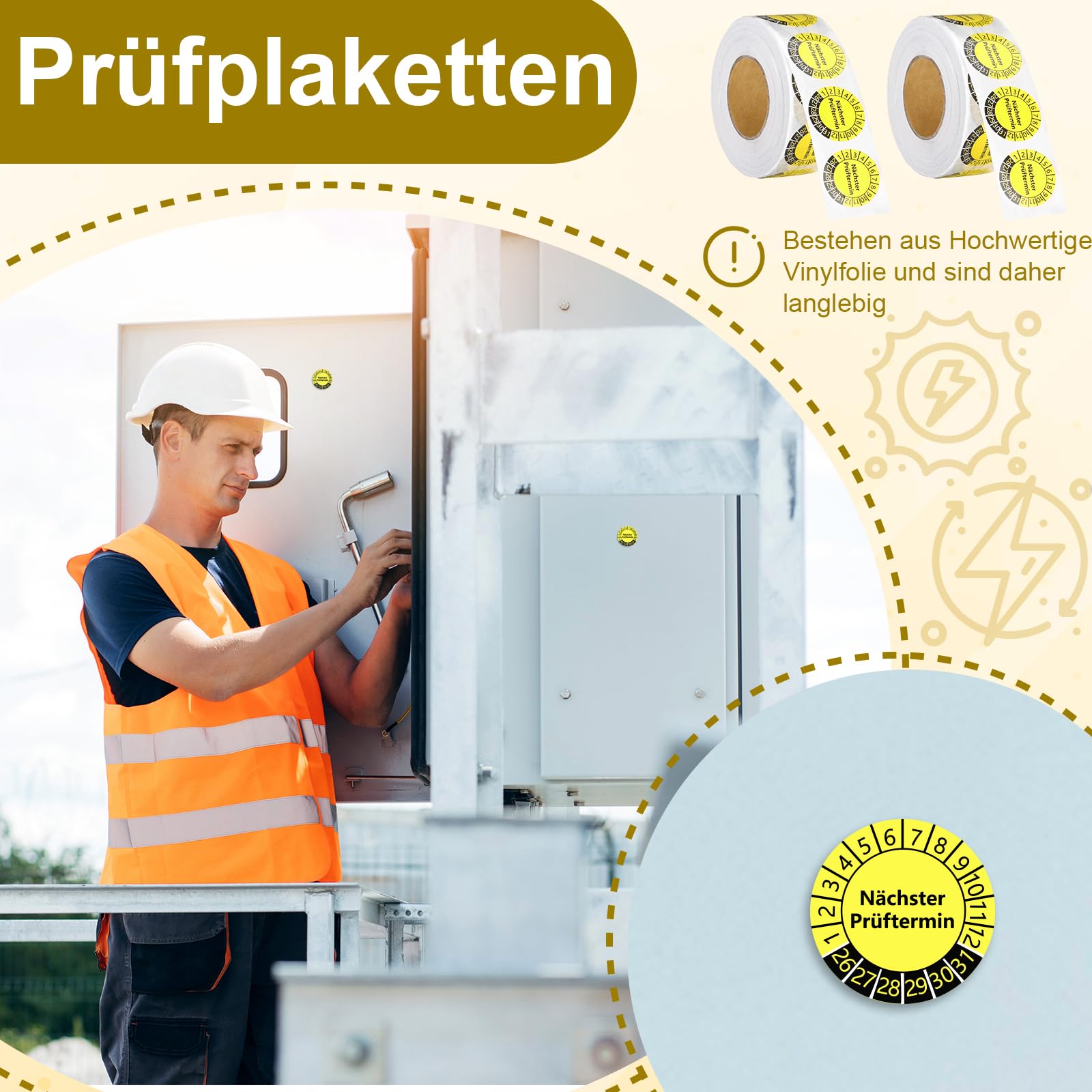 2000 sztuk plakietek kontrolnych 20 mm naklejki kontrolne 2026-2031, data następnego testu, naklejki na rolce folii winylowej, szczypce do dziurkowania, do papieru, plakietki, samoprzylepne, do