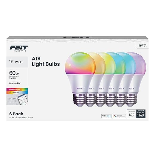 Feit Electric A19 Smart LED Light Bulb, 60W Equivalent, Dimmable, RGBW Color Changing, Alexa & Google Home Compatible, 2.4GHz Wi-Fi Enabled, 800 Lumens, 25,000-Hour Lifetime, OM60/RGBW/CA/AG/6, 6-Pack