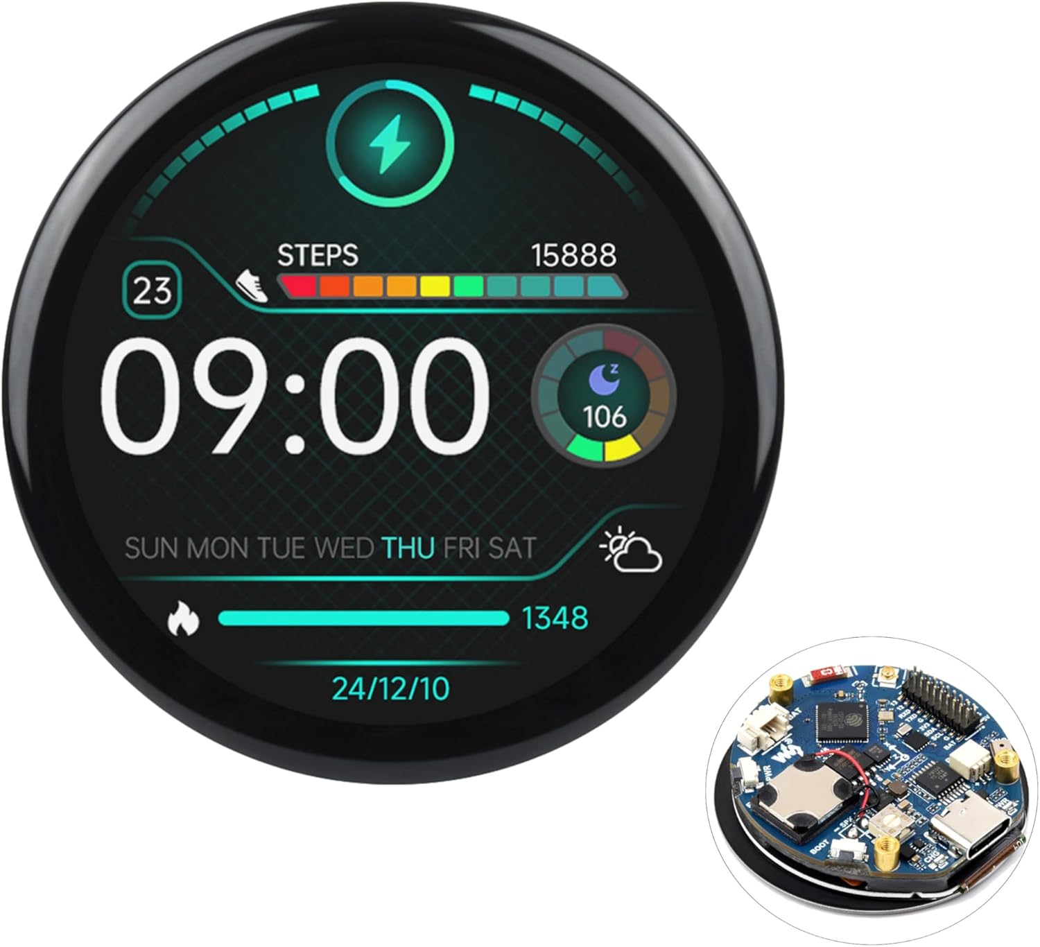 ESP32-S3 1.46inch Round Touch Display Development Board, 412x412 Pixel IPS Display, Accelerometer and Gyroscope Sensor, Onboard Speaker and Microphone, ESP32 with Display, with Protective Cover Glass