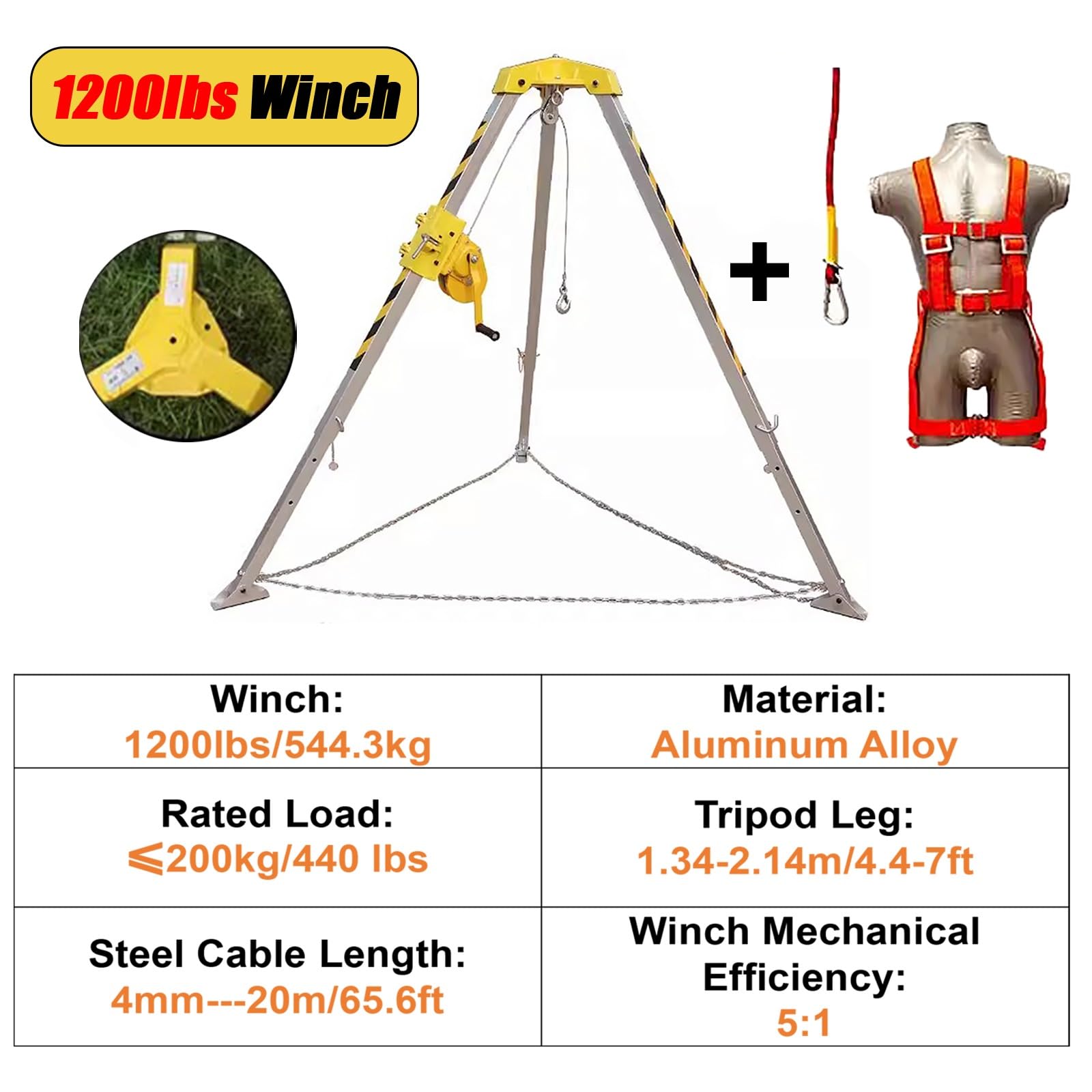 Confined Space Tripod Heavy Duty Aluminum, 4.4ft-7ft Telescopic Leg Fall Protection Rope Rescue System for Deep Well/Sewerage/Flue, Commercial Fire Emergency Stand ( Size : 1200LBS Winch+Safe Belt )