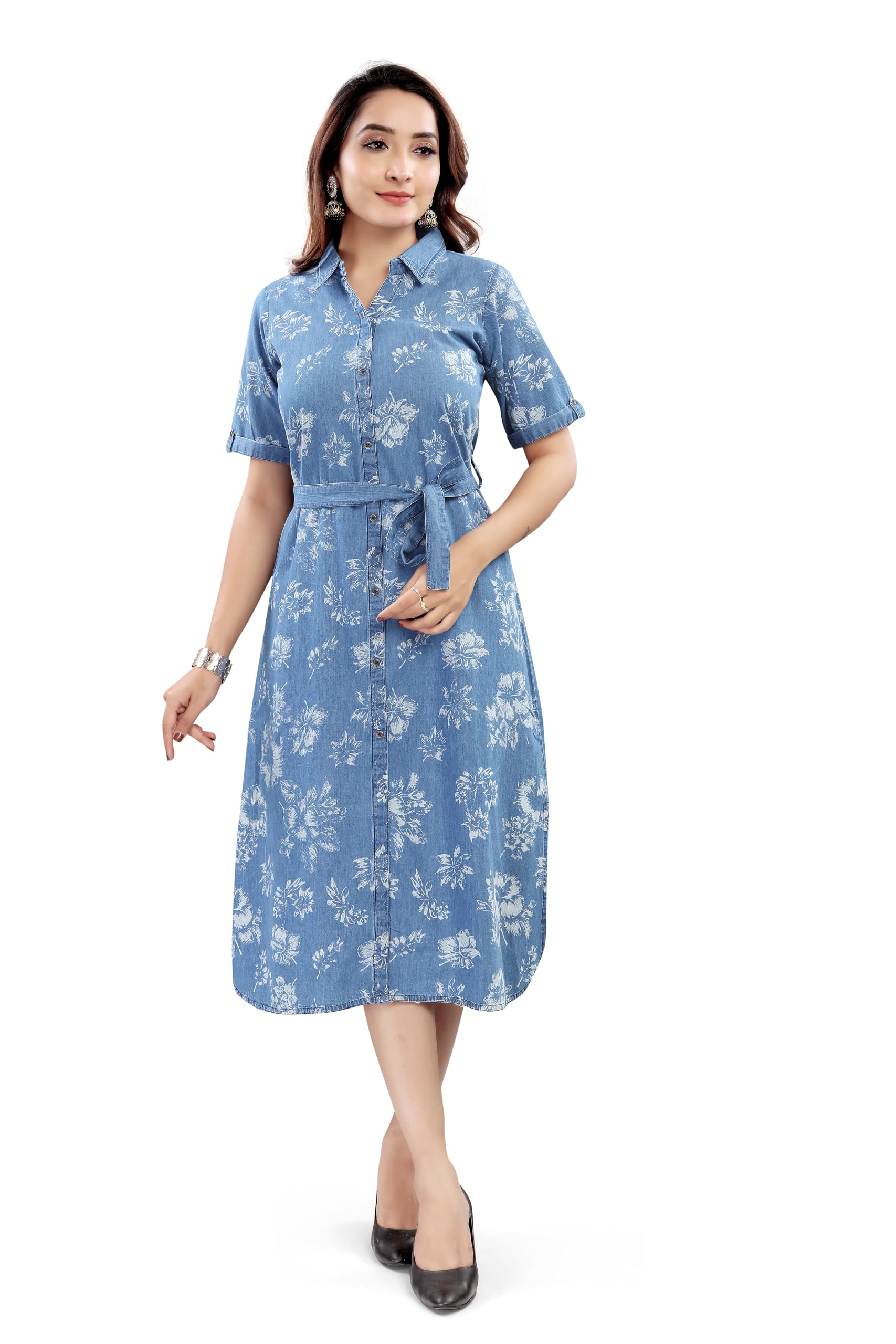 Aprika Cotton Denim Printed Light Blue Dress for Women with Belt and 1 Pocket