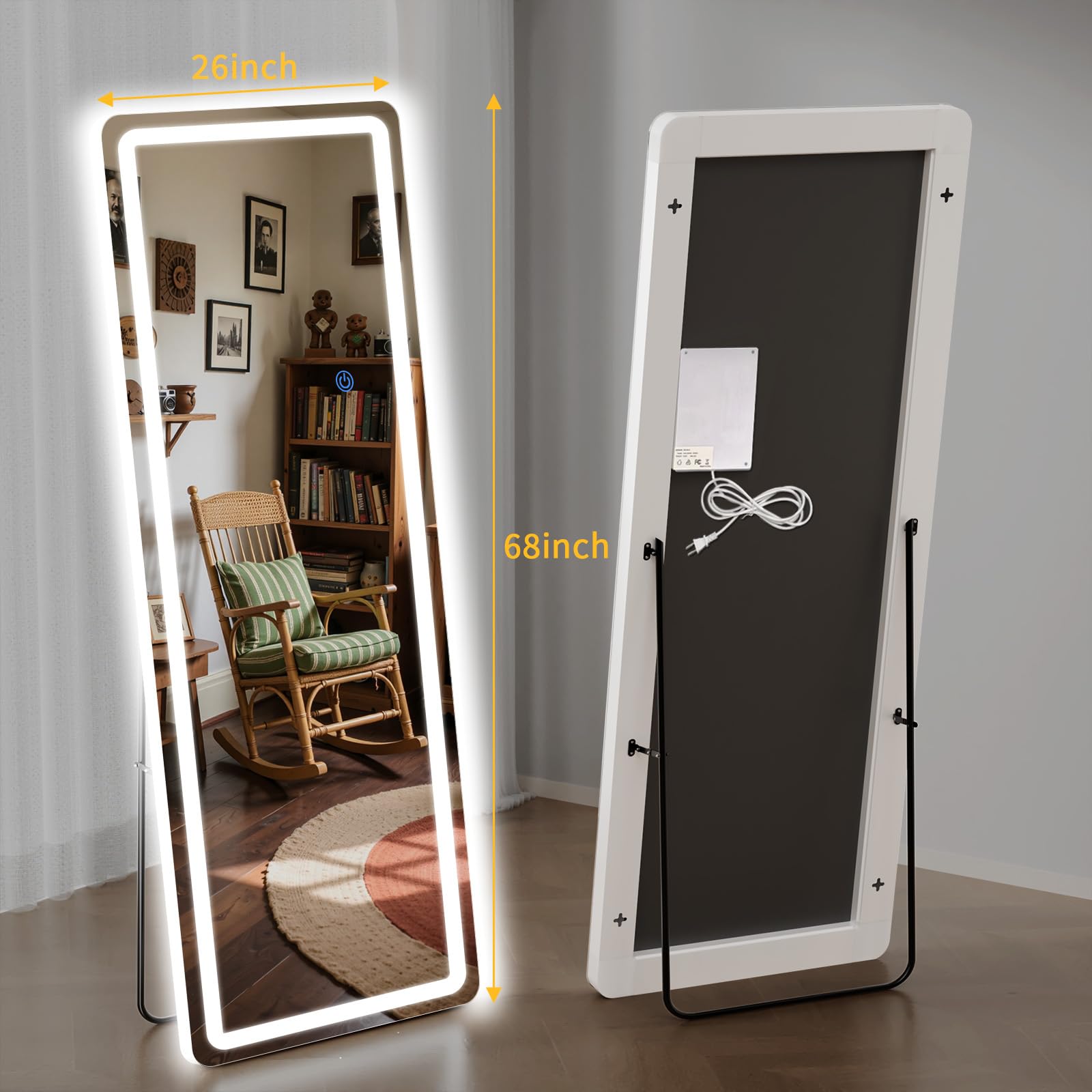 Lustro stojące na całej długości ze światłami LED, 172,7 cm x 66 cm, podświetlane lustro ze ściemnianiem i 3 kolorowym oświetleniem, wysokie lustro do sypialni, garderoby