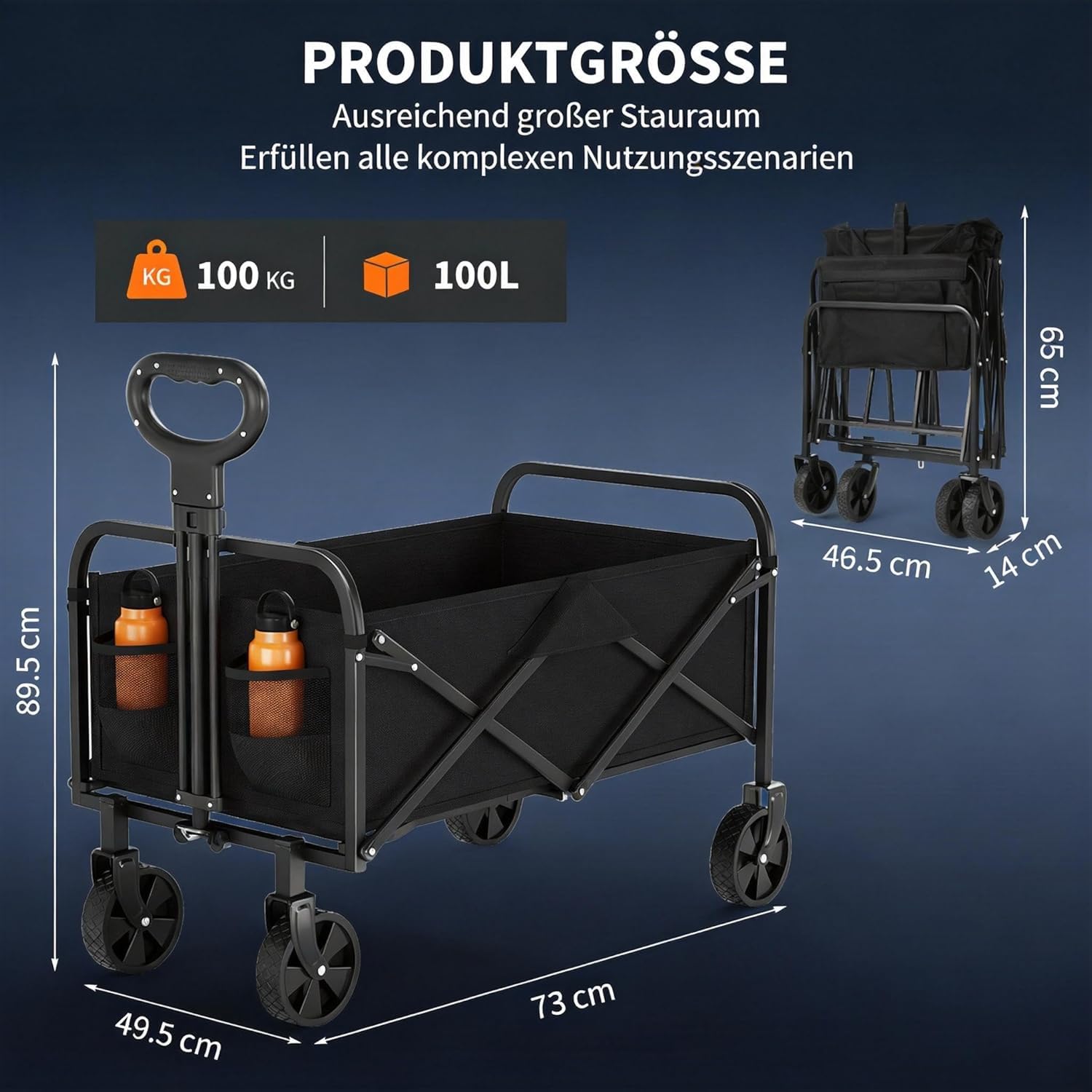 Bollerwagen Faltbar, 100kg Belastbar & 100L Volumen, Handwagen | Mit 360°Drehbaren Rädern, Für Jedes Gelände, Wasserabweisender Strandwagen Für Strand, Camping & Garten