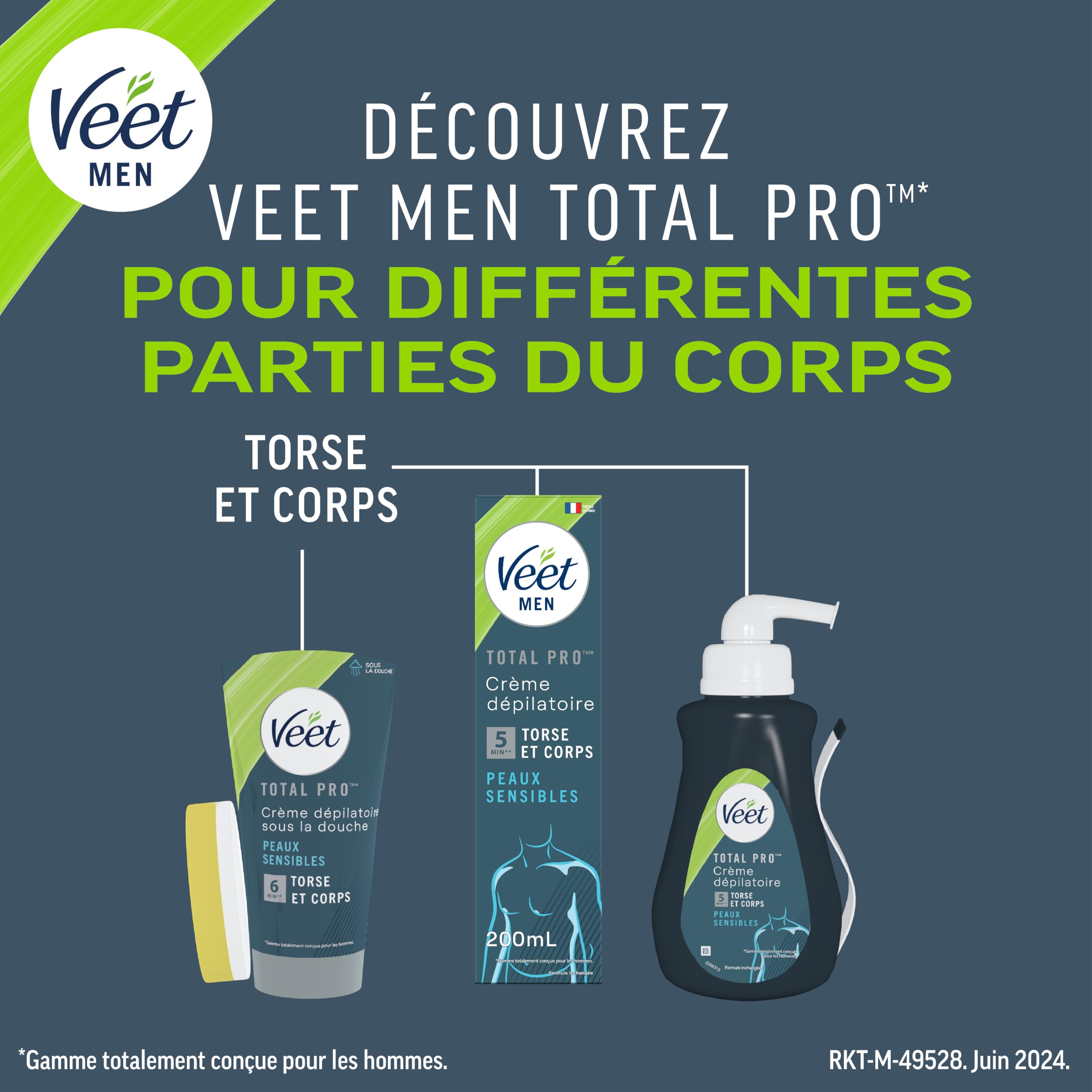 VEET FOR MEN - Lot de 3 Kit d’Épilation Parties Intimes - 3 Crèmes Dépilatoires 100ml et 3 Baumes de Soin 50ml - Zones Sensibles