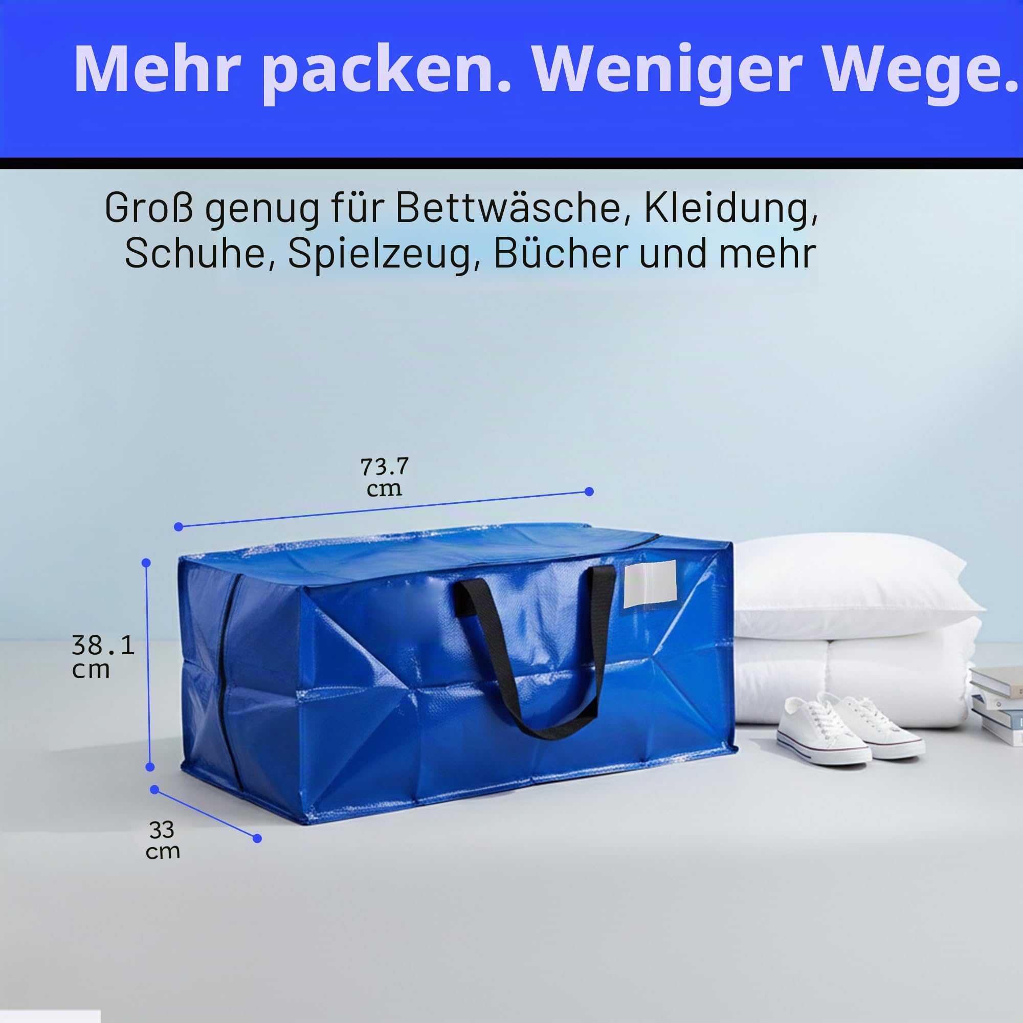 DURASACK Robuste Umzugstasche Aufbewahrungsbehälter Seesack mit Reißverschluss, verstärkte Tragegurte und Rucksackgurte, aus robustem gewebtem Polypropylen, 4er-Pack, Blau
