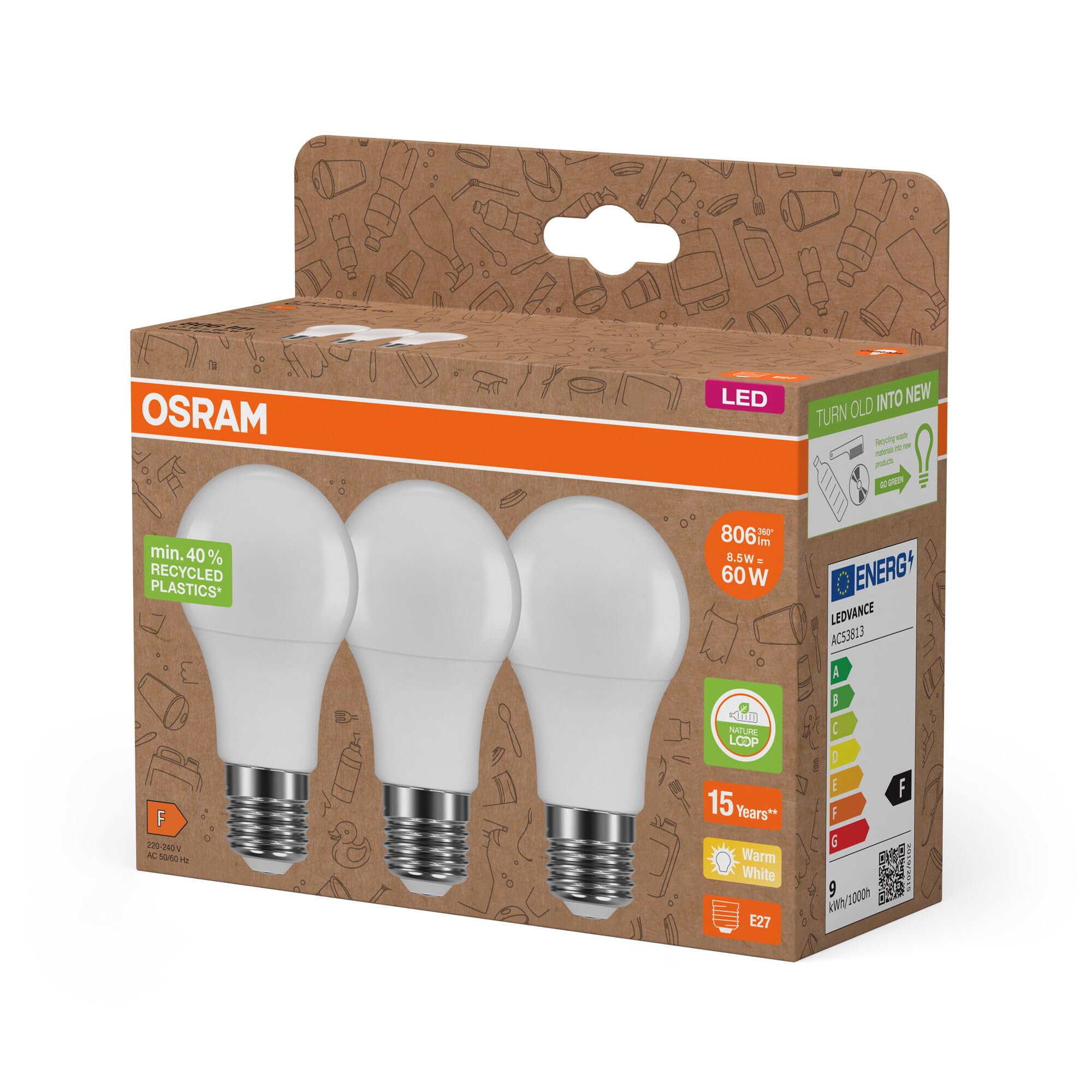 Osram NATURE LOOP - besonders nachhaltige LED Lampen aus recyceltem Plastik, Vorteilspack mit 30 Leuchtmittel, ersetzt herkömmliche 60W Glühbirnen,Birnenform, E27, warmweiß(2700K),umweltschonend