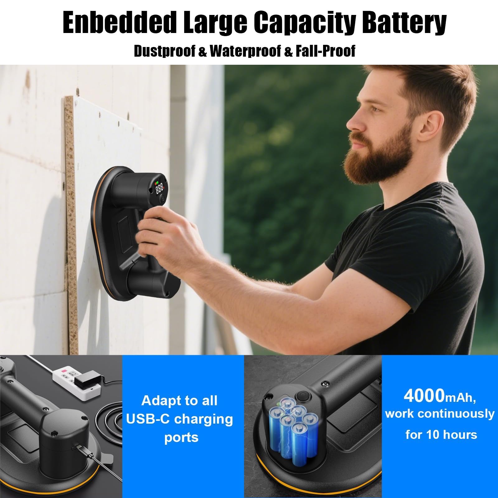 Ventosa eléctrica al vacío, potencia de succión de 300 kg, elevador de succión de 24 cm con pantalla LCD para potencia de succión y nivel de batería