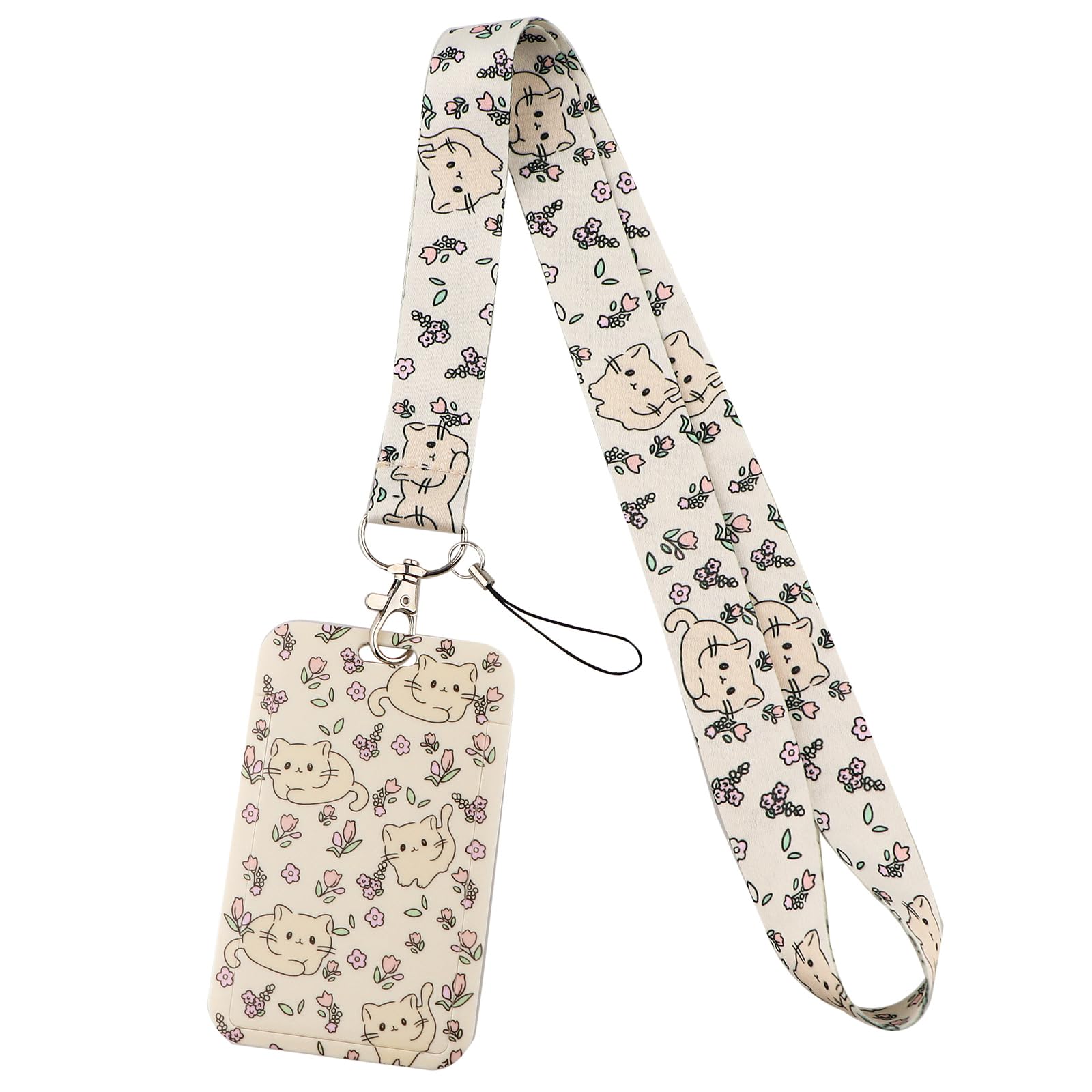 juanooo Cute Cats ID Card Holder Lanyard Aesthetic Floral Neck Lanyard Strap for Keys for Women Girls Kids Preppy School Student ID