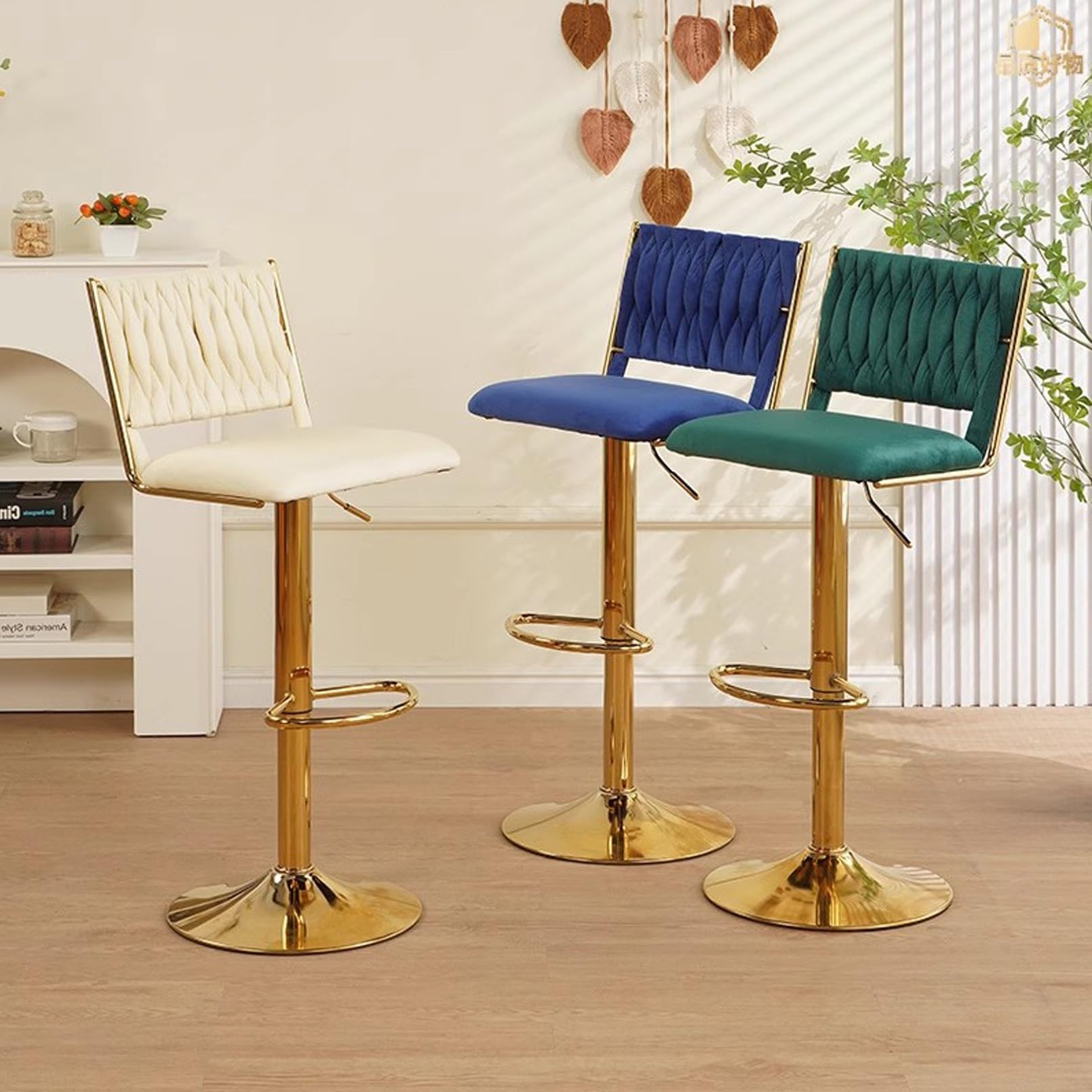 Barhocker Set 2 Stück, Höhenverstellbar 59-75cm, Drehbare Hocker mit Velours Sitz und Geflochtener Rückenlehne, Gold Metall Gestell für Kücheninsel, Bar, Esszimmer(Pink,4PCS)