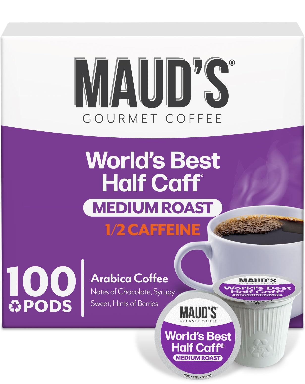 Maud's Half Caff Coffee (World's Best Half Caff), 100 ct. Recyclable Single Serving Coffee Pods - Rich Satisfying Arabica Beans California Roasted, K-Cup Compatible Including 2.0