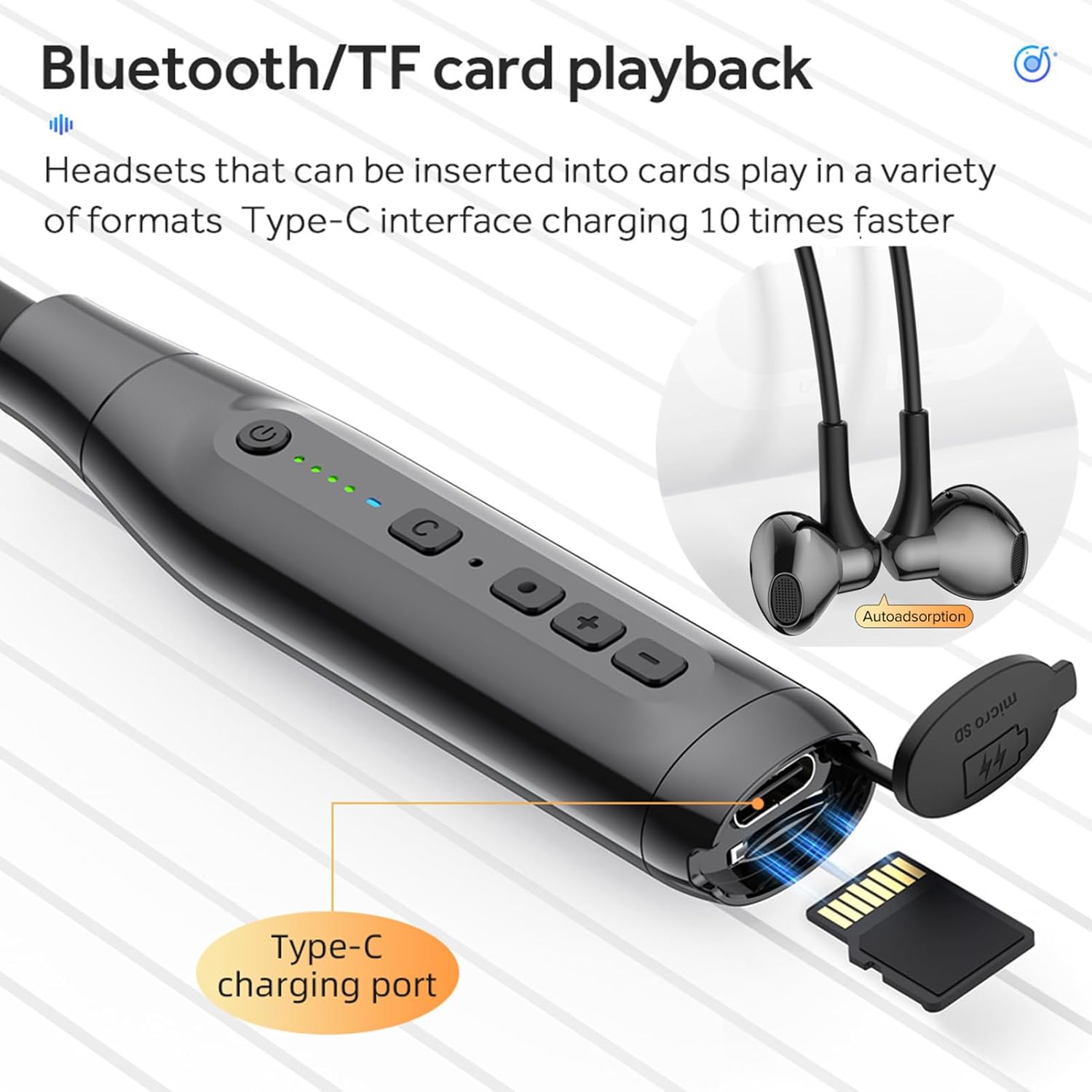 Wireless Bluetooth Earbuds Neckband with TF Card Slot, 200H Playtime Headphones,Waterproof in-Ear Earphones with Power Display Magnetic ENC Noise Cancellation Headsets for Sports Home Office (Black) - Image 4