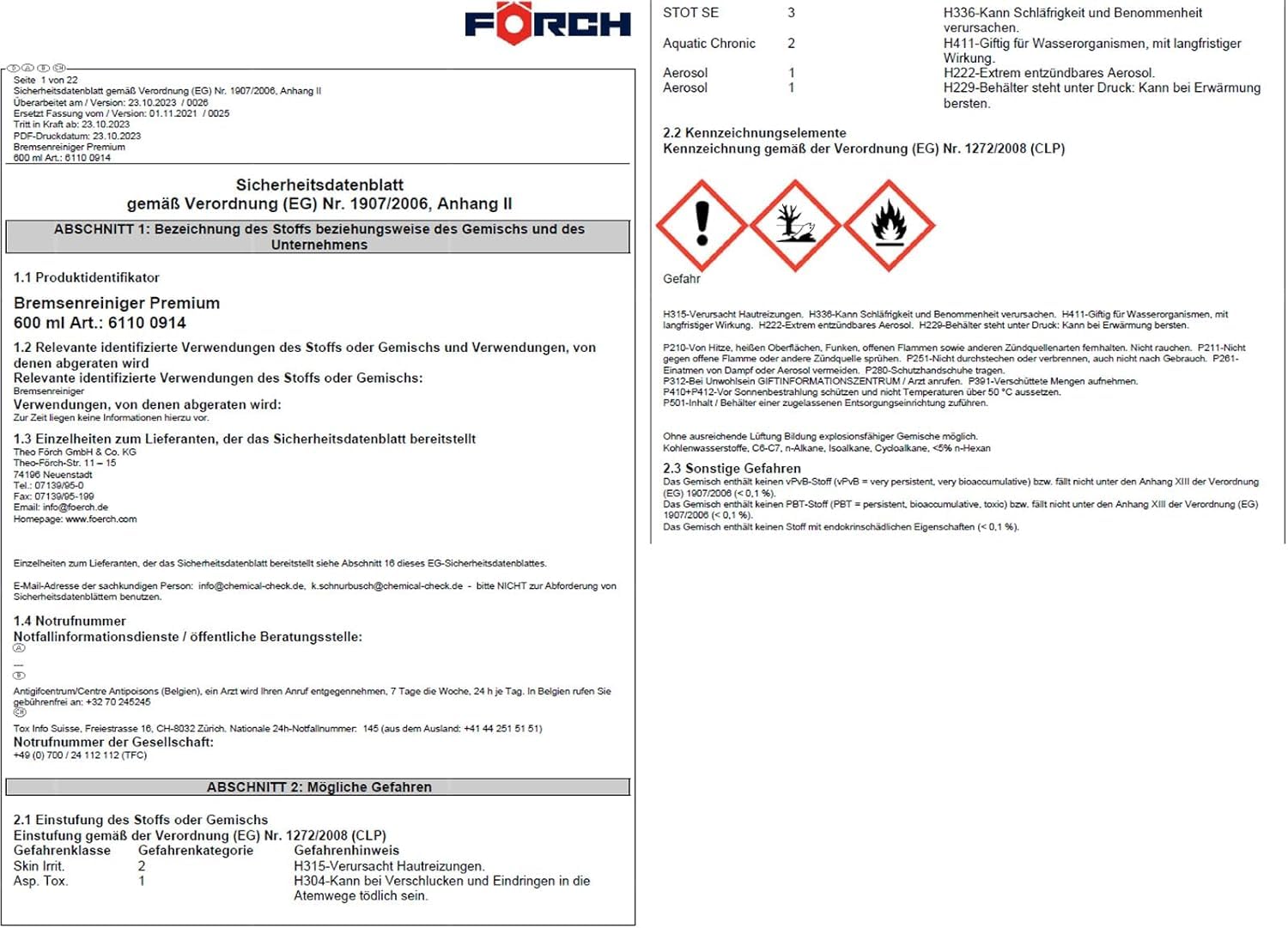 Förch Bremsenreiniger Premium R510 – 600 ml Spraydose,12er-Set | Hochwirksamer acetonfreier Entfetter für Bremsen, Kupplung & Metallteile