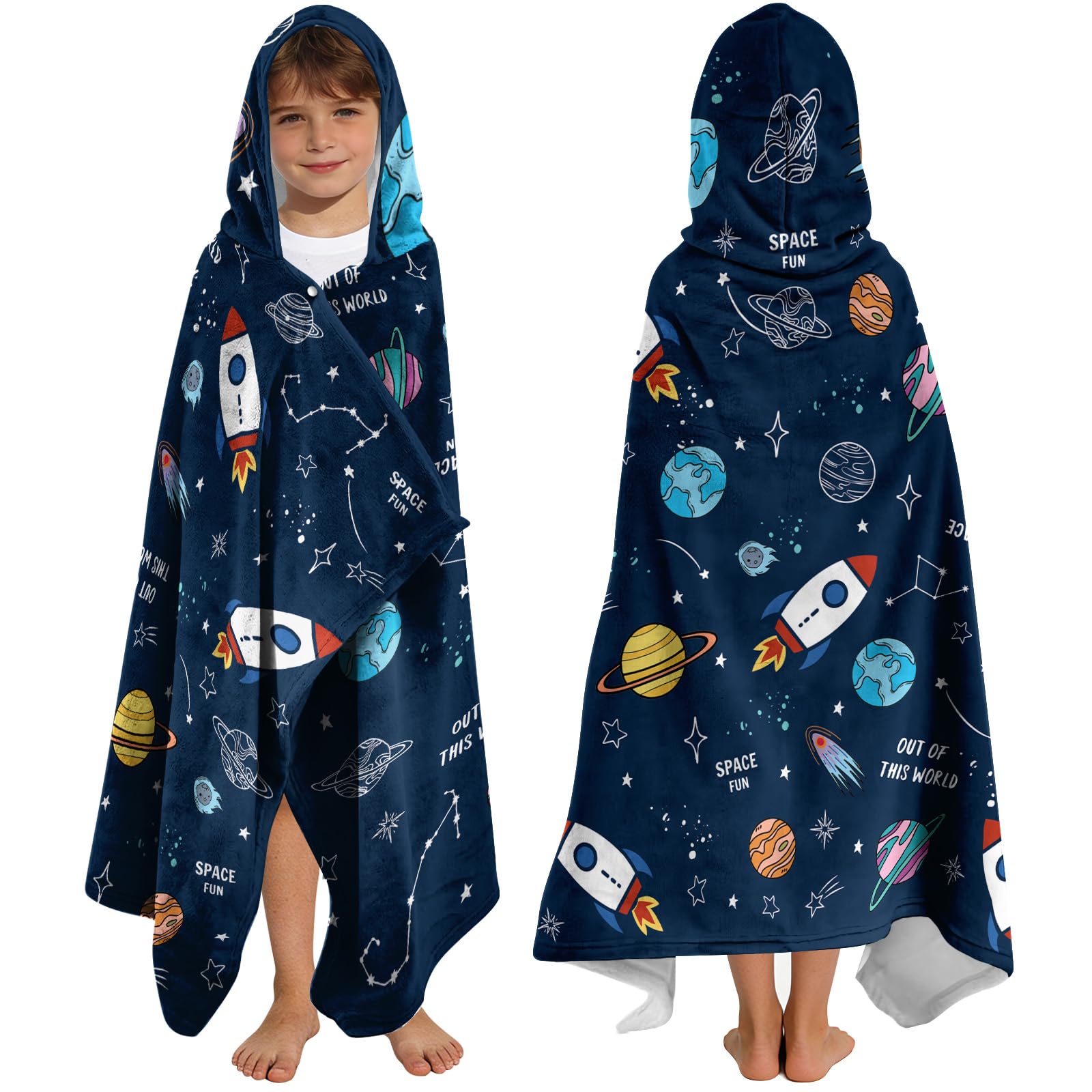 Yasrlvun Boys Planet Hooded Towels For Kids 127X76cm Poncho Towels For Kids Teens Beach Towel For Swimming Pool Cute Rocket Wearable Bath Towel